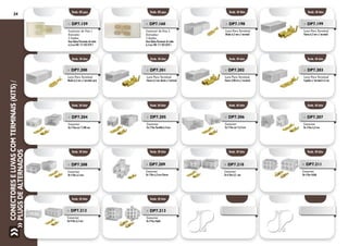 ConectoreseLuvascomTerminais(Kits)/
PlugsdeAlternados
24
Emb. 10 kits
Emb. 10 kits
Emb. 10 kits
Emb. 10 kits
Emb. 10 kits
Emb. 10 kits
Emb. 10 kits
Emb. 10 kits
Emb. 10 kits
Emb. 10 kits
»» DP7.212
Conector
De 8 Vias 6,3 mm
»» DP7.213
Conector
De 9 Vias Hylok
»» DP7.206
Conector
De 2 Vias em T 6,3 mm
»» DP7.207
Conector
De 3 Vias 6,3 mm
»» DP7.204
Conector
De 2 Vias em T 2,88 mm
»» DP7.205
Conector
De 2 Vias Paralelo 6,3 mm
»» DP7.208
Conector
De 4 Vias 6,3 mm
»» DP7.209
Conector
De 5 Vias 6,3 mm Fêmea
»» DP7.210
Conector
De 6 Vias 6,3 mm
»» DP7.211
Conector
De 6 Vias Hylok
»» DP7.199
Luva Para Terminal
Fêmea 6,3 mm c/ terminal
»» DP7.198
Luva Para Terminal
Macho 6,3 mm c/ terminal
»» DP7.159
Conector de Fios 1
Entrada/
2 Saídas
Base Nylon/Terminais de Latão
6.3 mm VW: 111.937.079-1
»» DP7.160
Conector de Fios 2
Entradas/
2 Saídas
Base Nylon/Terminais de Latão
6.3 mm VW: 111.937.078-1
Emb. 05 pçs. Emb. 05 pçs. Emb. 10 Kits Emb. 10 kits
Emb. 10 kits Emb. 10 kits Emb. 10 kits Emb. 10 kits
»» DP7.200
Luva Para Terminal
Macho 6,3 mm c/ terminal curta
»» DP7.201
Luva Para Terminal
Fêmea 6,3 mm Bocão c/ terminal
»» DP7.202
Luva Para Terminal
Fêmea 2,88 mm c/ terminal
»» DP7.203
Luva Para Terminal
Espadão c/ terminal 6.3 mm
 