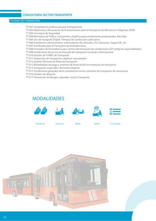 13
CONSULTORÍA SECTOR TRANSPORTE
PLANES DE FORMACIÓN	
TT 001 Competencia profesional para transportistas
TT 002 Obtención y Renovación de la Autorización para el transporte de Mercancias Peligrosas (ADR)
TT 003 Consejero de Seguridad
TT 004 Normativa de Tráfico, transportes y logística para conductores profesionales. Reciclaje
TT 005 Uso de Tacógrafo Digital. Tiempos de conducción y descanso
TT 006 Tramitación administrativa: matriculación de vehículos, ITV, Sanciones, Seguro RC, etc
TT 007 Certificado para el Transporte de Animales Vivos
TT 008 Formador de Formadores para centros de formación de conductores CAP (todas las especialidades)
TT 009 Condiciones de acceso al mercado de transporte nacional e internacional
TT 010 Gestión de PYMES de Transporte
TT 011 Inspección de transporte y régimen sancionador
TT 012 Gestión Eficiente de flotas de transporte
TT 013 Modalidades de pago y sistemas de financiación en empresas de transporte
TT 014 Transportes especiales. Normativa Vigente
TT 015 Condiciones generales de la contratación en los contratos de transporte de mercancias
TT 016 Gestión de almacén
TT 017 Prevención de Riesgos Laborales. Sector Transporte
MODALIDADES
Presencial	 Distancia	 Mixta	 Online	 In Company	
 