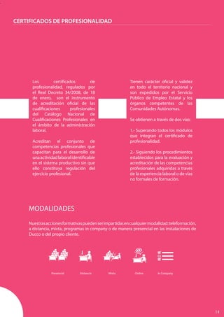 .
Los certificados de
profesionalidad, regulados por
el Real Decreto 34/2008, de 18
de enero, son el instrumento
de acreditación oficial de las
cualificaciones profesionales
del Catálogo Nacional de
Cualificaciones Profesionales en
el ámbito de la administración
laboral.
Acreditan el conjunto de
competencias profesionales que
capacitan para el desarrollo de
unaactividadlaboralidentificable
en el sistema productivo sin que
ello constituya regulación del
ejercicio profesional.
Tienen carácter oficial y validez
en todo el territorio nacional y
son expedidos por el Servicio
Público de Empleo Estatal y los
órganos competentes de las
Comunidades Autónomas.
Se obtienen a través de dos vías:
1.- Superando todos los módulos
que integran el certificado de
profesionalidad.
2.- Siguiendo los procedimientos
establecidos para la evaluación y
acreditación de las competencias
profesionales adquiridas a través
de la experiencia laboral o de vías
no formales de formación.
CERTIFICADOS DE PROFESIONALIDAD
MODALIDADES
Nuestrasaccionesformativaspuedenserimpartidasencualquiermodalidad:teleformación,
a distancia, mixta, programas in company o de manera presencial en las instalaciones de
Ducco o del propio cliente.
Presencial	 Distancia	 Mixta	 Online	 In Company	
14
 