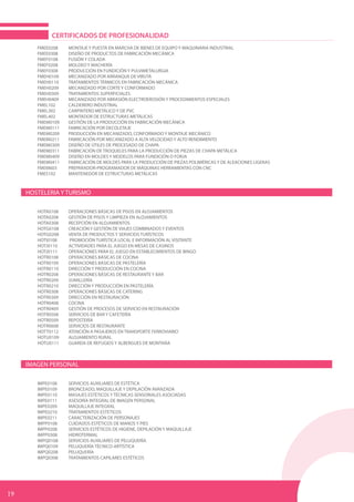 FMEE0208	 MONTAJE Y PUESTA EN MARCHA DE BIENES DE EQUIPO Y MAQUINARIA INDUSTRIAL	
FMEE0308	 DISEÑO DE PRODUCTOS DE FABRICACIÓN MECÁNICA	
FMEF0108	 FUSIÓN Y COLADA	
FMEF0208	 MOLDEO Y MACHERÍA	
FMEF0308	 PRODUCCIÓN EN FUNDICIÓN Y PULVIMETALURGIA	
FMEH0109	 MECANIZADO POR ARRANQUE DE VIRUTA	
FMEH0110	 TRATAMIENTOS TÉRMICOS EN FABRICACIÓN MECÁNICA	
FMEH0209	 MECANIZADO POR CORTE Y CONFORMADO
FMEH0309	 TRATAMIENTOS SUPERFICIALES	
FMEH0409	 MECANIZADO POR ABRASIÓN ELECTROEROSIÓN Y PROCEDIMIENTOS ESPECIALES	
FMEL102	 CALDERERO INDUSTRIAL	
FMEL302	 CARPINTERO METÁLICO Y DE PVC	
FMEL402	 MONTADOR DE ESTRUCTURAS METÁLICAS	
FMEM0109	 GESTIÓN DE LA PRODUCCIÓN EN FABRICACIÓN MECÁNICA	
FMEM0111	 FABRICACIÓN POR DECOLETAJE	
FMEM0209	 PRODUCCIÓN EN MECANIZADO, CONFORMADO Y MONTAJE MECÁNICO	
FMEM0211	 FABRICACIÓN POR MECANIZADO A ALTA VELOCIDAD Y ALTO RENDIMIENTO	
FMEM0309	 DISEÑO DE ÚTILES DE PROCESADO DE CHAPA	
FMEM0311	 FABRICACIÓN DE TROQUELES PARA LA PRODUCCIÓN DE PIEZAS DE CHAPA METÁLICA	
FMEM0409	 DISEÑO EN MOLDES Y MODELOS PARA FUNDICIÓN O FORJA	
FMEM0411	 FABRICACIÓN DE MOLDES PARA LA PRODUCCIÓN DE PIEZAS POLIMÉRICAS Y DE ALEACIONES LIGERAS	
FMEM603	 PREPARADOR-PROGRAMADOR DE MÁQUINAS HERRAMIENTAS CON CNC	
FMES102	 MANTENEDOR DE ESTRUCTURAS METÁLICAS
HOSTELERIA Y TURISMO
HOTA0108	 OPERACIONES BÁSICAS DE PISOS EN ALOJAMIENTOS
HOTA0208	 GESTIÓN DE PISOS Y LIMPIEZA EN ALOJAMIENTOS	
HOTA0308	 RECEPCIÓN EN ALOJAMIENTOS
HOTG0108	 CREACIÓN Y GESTIÓN DE VIAJES COMBINADOS Y EVENTOS	
HOTG0208	 VENTA DE PRODUCTOS Y SERVICIOS TURÍSTICOS	
HOTI0108	 PROMOCIÓN TURÍSTICA LOCAL E INFORMACIÓN AL VISITANTE	
HOTJ0110	 ACTIVIDADES PARA EL JUEGO EN MESAS DE CASINOS	
HOTJ0111	 OPERACIONES PARA EL JUEGO EN ESTABLECIMIENTOS DE BINGO	
HOTR0108	 OPERACIONES BÁSICAS DE COCINA
HOTR0109	 OPERACIONES BÁSICAS DE PASTELERÍA	
HOTR0110	 DIRECCIÓN Y PRODUCCIÓN EN COCINA	
HOTR0208	 OPERACIONES BÁSICAS DE RESTAURANTE Y BAR
HOTR0209	SUMILLERÍA	
HOTR0210	 DIRECCIÓN Y PRODUCCIÓN EN PASTELERÍA	
HOTR0308	 OPERACIONES BÁSICAS DE CATERING
HOTR0309	 DIRECCIÓN EN RESTAURACIÓN	
HOTR0408	COCINA	
HOTR0409	 GESTIÓN DE PROCESOS DE SERVICIO EN RESTAURACIÓN
HOTR0508	 SERVICIOS DE BAR Y CAFETERÍA	
HOTR0509	REPOSTERÍA	
HOTR0608	 SERVICIOS DE RESTAURANTE
HOTT0112	 ATENCIÓN A PASAJEROS EN TRANSPORTE FERROVIARIO	
HOTU0109	 ALOJAMIENTO RURAL	
HOTU0111	 GUARDA DE REFUGIOS Y ALBERGUES DE MONTAÑA
IMAGEN PERSONAL
IMPE0108	 SERVICIOS AUXILIARES DE ESTÉTICA	
IMPE0109	 BRONCEADO, MAQUILLAJE Y DEPILACIÓN AVANZADA	
IMPE0110	 MASAJES ESTÉTICOS Y TÉCNICAS SENSORIALES ASOCIADAS	
IMPE0111	 ASESORÍA INTEGRAL DE IMAGEN PERSONAL	
IMPE0209	 MAQUILLAJE INTEGRAL	
IMPE0210	 TRATAMIENTOS ESTETICOS	
IMPE0211	 CARACTERIZACIÓN DE PERSONAJES	
IMPP0108	 CUIDADOS ESTÉTICOS DE MANOS Y PIES	
IMPP0208	 SERVICIOS ESTÉTICOS DE HIGIENE, DEPILACIÓN Y MAQUILLAJE
IMPP0308	HIDROTERMAL	
IMPQ0108	 SERVICIOS AUXILIARES DE PELUQUERÍA	
IMPQ0109	 PELUQUERÍA TÉCNICO-ARTÍSTICA	
IMPQ0208	PELUQUERÍA	
IMPQ0308	 TRATAMIENTOS CAPILARES ESTÉTICOS
CERTIFICADOS DE PROFESIONALIDAD
19
 