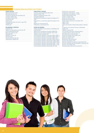 OTROS OFICIOS
Alfarero/Ceramista (T/D)
Barnizador/lacador (D)
Conductor/operador de excavadora (D)
Cristalero edificios (D)
Cerrajería artística (T/D)
Horticultura (D)
Jardinero (D)
Preparador/Cosedor de cuero y napa (T/D)
Limpiador (D)
Modista (D)
PELUQUERÍA Y ESTÉTICA
Esteticista (D)
Higiene en peluquerías y prevención (D)
La micropigmentación (D)
Manicura y pedicura (D)
Maquillaje (D)
Peinados y cortes (D)
Peluquería (D)
Técnicas hidrotermales (D)
Tratamientos capilares (D)
PUBLICIDAD E IMAGEN
Creación y posicionamiento Web (T/D)
Desarrollo Web (T/D)
Edición y maquetación Web (T/D)
Fotografía digital (D)
Maquetación y tratamiento digital de imágenes CS
(T/D)
Maquetación y tratamiento digital de imágenes CS3
(T/D)
Medios de comunicación (D)
Publicidad y comunicación (D)
PYMES EN GENERAL
Análisis estratégico de la empresa y habilidades (D)
empresariales
Aplicaciones informáticas de gestión 2008 (T/D)
Aplicaciones informáticas de gestión 2012 (T/D)
Calidad y medio ambiente (D)
Conocimientos ofimáticos avanzados (Office 2003) (T/D)
Conocimientos ofimáticos avanzados (Office 2007) (T/D)
Conocimientos ofimáticos avanzados (Office XP) (T/D)
Conocimientos ofimáticos avanzados (Office 2010) (T/D)
Conocimientos ofimáticos elementales (Office 2003)
Conocimientos ofimáticos elementales (Office 2010(T/D)
Conocimientos ofimáticos elementales 2007- I (T/D)
Conocimientos ofimáticos elementales 2007- I (T/D)
Conocimientos ofimáticos elementales XP (T/D)
Distribución comercial (D)
Fundamentos informáticos- I (T/D)
Fundamentos informáticos- I I (T/D)
Gestión administrativa (T/D)
Gestión contable (T/D)
Gestión de almacén (T/D)
Gestión de personal (T/D)
Gestión eficaz y técnicas comerciales (T/D)
Inglés I (T/D)
Inglés II (T/D)
Invest. de mercados (métod tradicionales e internet)
(D)
La gestión de la empresa familiar y habilidades
empres. (D)
Logística comercial (D)
Los mercados financieros internacionales y
conceptos básicos sobre las TIC’s (D)
Mercadotecnia en Internet (T/D)
Nuevas tecnologías para PYMES (T/D)
Protección de datos (T/D)
Relaciones públicas (D)
Rendimiento del personal (D)
Servicios de almacén (T/D)
Sistemas integrados de gestión empresarial (T/D)
Técnicas avanzadas para secretariado y coaching (T/D)
Técnicas comerciales (T/D)
Venta personal y dirección de ventas (D)
FORMACIÓN EN OTROS SECTORES
29
 