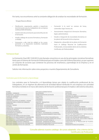 4
	 Por tanto, nos encontramos ante la constante obligación de analizar las necesidades de formación.
Grupo Ducco ofrece:
Formacion Dual
	 La Formación Dual (RD 1529/2012) esta llamada convertirse en una de las principales iniciativas formativas
	 tanto para el Sistema de Formación Profesional para el Empleo como del Sistema Educativo, ya que suponen
	 un conjunto de acciones que combinan los procesos de enseñanza y aprendizaje en la empresa y en el
	 centro de formación.
	 Solicite más información sobre estos proyectos a nuestro Departamento de Consultoría.
Contratos para la formación y Aprendizaje
	 Los contratos para la Formación y el Aprendizaje tienen por objeto la cualificación profesional de los
	 trabajadores, en un régimen de alternancia de actividad laboral retribuida en una empresa con actividad
	 formativa recibida en el marco del sistema de formación profesional para el empleo o del sistema educativo.
ALBAÑIL
ALFARERO - CERAMISTA
BARNIZADOR - LACADOS DE MUEBLES
CAJERO DE COMERCIO
CAMARERA DE PISOS
CAMARERO
CANTERO ARTESANAL DE MÁRMOL Y PIEDRA
CARNICERO PARA LA VENTA EN COMERCIO
CARPINTERO
CHAPISTA - PINTOR
COCINERO
CONDUCTOR - OPERADOR DE EXCAVADORAS
COSEDOR DE PRENDAS
CRISTALERO DE EDIFICIOS
DEPENDIENTE DE COMERCIO
DISEÑADOR GRÁFICO
ELECTRICISTA DE FABRICACIÓN INDUSTRIAL
ELECTRICISTA DE MANTENIMIENTOY REPARACIÓN
ELECTRICIST/ELECTRONICO DE AUTOMOCIÓN
ELECTRÓNICO DE MANTENIMIENTO INDUSTRIAL
EMPLEADO ADMINISTRATIVO COMERCIAL
EMPLEADO ADMINISTRATIVO DE CONTABILIDAD
EMPLEADO ADMINISTRATIVO DE ALMACÉN
EMPLEADO ADMINISTRATIVO
ENCOFRADOR
ENTREVISTADOR/ENCUESTADOR
ESTETICISTA
FERRALLISTA
FONTANERO
FOTÓGRAFO
GRAFISTA - MAQUETISTA
GOBERNANTA
INSTALADOR - AJUSTADOR DE REFRIGERACIÓN
INSTALADOR - AJUSTADOR INDUSTRIAL
INSTALADOR ELECTRICISTA DE EDIFICIOS
JARDINERO
MARROQUINERO
MECÁNICO - AJUSTADOR DEL AUTOMÓVIL
MECÁNICO DE MANTENIMIENTO INDUSTRIAL
MODISTA
MONTADOR DE ESTRUCTURA METÁLICAS
OPERADOR DE MAQUINA IMPRESORA OFFSET
OPERADOR DE PLANTA QUÍMICA
OPERADOR - GRABADOR DE DATOS
OPERARDOR DE MAQUINAS PLÁSTICO/CAUCHO
OPERADOR TORNERO/FRESADOR
PANADERO
PASTELERO
PELUQUERO UNISEX
PERSONAL DE LIMPIEZA O LIMPIADOR
PINTOR/EMPAPELADOR
PLATERO
PROGRAMADOR INFORMÁTICO
RECEPCIONISTA-TELEFONISTA EN OFICINAS
RECEPCIONISTA DE HOTEL
SECRETARIO EN GENERAL
SOLADOR-ALICATADOR EN GENERAL
SOLDADOR DE ESTRUCTURA METÁLICA LIGERAS
SOLDADOR DE ESTRUCTURA METÁLICA PESADAS
TAPICERO DE MUEBLES
TECHADOR EN PIZARRA
TÉCNICO DE MANTENIMIENTO Y REPACACIÓN DE
AIRE ACONDICIONADOS Y FLUIDOS
TÉCNICO DE SISTEMA MICROINFORMÁTICO
TÉCNICO EN PUBLICIDAD / RELACIONES PÚBLICAS
TEJEDOR EN TELAR MANUAL
TRABAJADOR EN LA PRODUCCIÓN DE PLANTAS
HORTÍCOLAS
VENDEDOR TÉCNICO EN GENERAL
Consulte además nuestro catálogo de cursos adaptado a los criterios de los
Certificados de Profesional
•	 Planificación, organización, gestión e impartición
de la formación para los trabajadores de su empresa
(CONSULTORÍA INTEGRAL).
•	 Gestión de la documentación para la bonificación de
la formación.
•	 Amplio catálogo de acciones formativas y formación
a medida.
•	 Innovación y alto nivel de calidad en los cursos,
poniendo a su disposición excelentes materiales
formativos y docentes.
•	 Formación “a la carta” en número de horas,
contenidos, lugar, horario, etc.
•	 Asesoramiento integral de la formación (formativo,
legal y administrativo).
•	 Estudio e integración de necesidades formativas en
los planes de formación de las empresas.
•	 Adaptación y desarrollo de los planes de formación
hacia el catálogo Nacional de Cualificaciones
Profesionales, enmarcándolo dentro de los distintos
Certificados de Profesionalidad.
 