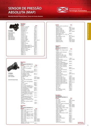 Tecnologia Automotiva
EXPORTADORA MUNDIAL DE
19
SENSOR DE PRESSÃO
ABSOLUTA (MAP)
Manifold Absolute Pressure Sensor / Sensor de Presión Absoluta
SENSORDEPRESSÃOABSOLUTA
Cód. Bosch:
0 261 230 081
1721
Somente Exportação
Cód. AC Delco:
12591290
55573248
Cód. Bosch:
0 261 230 155
0 261 230 146
0 261 230 282
1720
Montadora
VAUXHALL
Modelo Ano
Montadora
AUDI
Cód. Original: 036 906 051 G
Modelo Ano
Montadora
SEAT
Cód. Original: 036 906 051 G
Modelo Ano
Modelo Ano
Montadora
SKODA
Cód. Original: 036 906 051 G
Modelo Ano
Montadora
VOLKSWAGEN
Cód. Original: 036 906 051 G
Modelo Ano
· Astra VI 1.6 i 16v VVT 12/09 >
· Astra VI 1.6 Turbo 12/09 >
· Astra VI GTC 1.4 10/11 >
· Astra VI GTC 1.6 10/11 >
· AstraVAN V 1.6 03/05 >
· Corsa III 1.0 11/06 >
· Corsa III 1.0 i 12V 06/10 >
· Corsa III 1.2 06/10 >
· Corsa III 1.4 09/09 >
· Corsa III 1.4 16V 07/10 >
· Corsa III 1.4 LPG 09/09 >
· Corsa III 1.6 SRi 05/07 >
· Corsa III 1.6 Turbo 02/07 >
· Corsa III 1.6 VXR 06/11 >03/12
· CorsaVAN III 1.2 i 16V 01/10 >
· Insignia 1.6 07/08 >
· Insignia 1.6 Turbo 01/09 >
· Insignia 1.8 07/08 >
· Insignia Station wagon 1.6 07/08 >
· Insignia Station wagon 1.6 Turbo 01/09 >
· Insignia Station wagon 1.8 07/08 >
· Meriva B 1.4 16V 06/10 >
· Meriva B 1.4 16V Turbo 06/10 >
· Meriva B 1.4 LPG 06/11 >
· Mokka 1.6 06/12 >
· Zafira B 1.6 07/05 >
· Zafira C 1.4 10/11 >
· Zafira C 1.8 10/11 >
· A1 1.2 TFSI / 1.4 TFSI / 1.6 TDI 05/10 >
· A1 1.4 TFSI 01/11 >
· A1 1.4 TFSI / A1 SportBack
1.4 TFSI 04/12 >
· A1 1.6 TDI 03/11 >
· A1 2.0 TDI/A1 SportBack 2.0 TDI 05/12 >
· A1 2.0 TDI / A5 3.0 TFSI quattro /
A5 Cabriolet 1.8 TFSI 09/11 >
· A1 SportBack 1.2 TFSI 01/12 >
· A1 SportBack 1.4 TFSI / A1
SportBack 1.6 TDI 11/11 >
· A2 1.4 02/00 >08/05
· A2 1.6 FSI 05/02 >08/05
· A3 II 1.2 TSI / A3 II SportBack
1.2 TSI 04/10 >
· A3 II 1.4 TFSI / A3 II SportBack
1.4 TFSI 09/07 >
· A3 II 1.6 / 2.0 FSI 05/03 >
· A3 II 1.6 FSI 08/03 >
· A3 II 1.8 / A3 II SportBack 1.8 11/06 >
· A3 II 2.0 TFSI / 2.0 TFSI quattro /
A3 II SportBack 1.6 / 1.6 TFSI 09/04 >
· A3 II 3.2 V6 quattro 07/03 >
· A3 II Cabriolet 1.2 TSI 03/10 >
· A3 II Cabriolet 1.4 TFSI 02/11 >
· A3 II SportBack 2.0 FSI/ 2.0 TFSI/
2.0 TFSI quattro / 3.2 quattro 09/04 >
· A7 Sportback 2.8 FSI / 2.8 FSI
quattro 10/10 >
· A7 Sportback 3.0 TDI / 3.0 TDI
quattro / 3.0 TFSI quattro 10/10 >
· A8 3.0 TDI quattro / 3.0 TFSI
quattro/4.2 FSI quattro/4.2 TDI
quattro 11/09 >
· Q5 2.0 TDI / 2.0 TFSI / 3.0 TDI /
3.2 FSI 11/08 >
· Q7 3.0 TDI 11/07 >
· Altea XL 1.8 TSI / XL 2.0 TDI / XL
2.0 TDI 4x4 06/07 >
· Altea XL 2.0 FSI 10/06 >03/09
· Altea XL 2.0 TDI 11/06 >03/09
· Altea XL 2.0 TDI 16V 10/06 >
· Altea XL 2.0 TSFI 4x4 06/07 >05/09
· Ibiza IV 1.4 TSI / Ibiza IV
SportCoupe 1.4 TSI 06/09 >
· Ibiza IV MY2012 1.2 / 1.2 TSI / 1.4
FSI / 1.4 TSI 02/12 >
· Ibiza IV MY2012 1.4 TSI 02/12 >09/12
· Leon II 1.4 TSI 11/07 >
· Leon II 1.9 TDI 07/05 >
· Leon II 2.0 FSI 07/05 >05/10
· Toledo III 2.0 FSI 10/04 >05/09
· Toledo III 2.0 TFSI 11/05 >05/09
· Altea 1.2 TSI / Altea XL 1.2 TSI 04/10 >
· Altea 1.4 16V 05/06 >
· Altea 1.4 TSI / Altea XL 1.4 TSI 11/07 >
· Altea 1.6 / 2.0 TDI 03/04 >
· Altea 1.6 LPG / Altea XL 1.6 LPG 09/09 >
· Altea 1.6 TDI / Altea XL 1.6 TDI 10/09 >
· Altea 1.8 TFSI / Altea XL 1.8 TSFI 01/07 >
· Altea 1.9 TDI 04/04 >
· Altea 1.9 TDI / Altea XL 1.9 TDI 08/09 >
· Altea 2.0 FSI 05/04 >03/09
· Altea 2.0 TDI 03/04 >05/09
· Altea 2.0 TFSI 04/06 >05/09
· Altea XL 1.4 16V / XL 1.6 / XL 1.6
Multifuel / XL 1.9 TDI 10/06 >
· Fabia II 1.4 TSI / Fabia II Combi
1.4 TSI 05/10 >
· Octavia II 1.2 TSI / Octavia II
Combi 1.2 TSI 02/10 >
· Octavia II 1.4 / 1.6 06/04 >
· Octavia II 1.4 / Yeti 1.6 TDI 11/10 >
· Octavia II 1.4 TSI / 2.0 4x4 /
Octavia II Combi 1.4 TSI / 1.8
TSI 4x4 11/08 >
· Octavia II 1.6 FSI 02/04 >10/08
· Octavia II 1.6 LPG / Octavia II
Combi 1.6 LPG 08/09 >
· Octavia II 1.6 MultiFuel /
Octavia II Combi 1.6 Multifuel 01/08 >
· Octavia II 1.6 TDI / Octavia II
Combi 1.6 TDI / 1.6 TDI 4x4 06/09 >
· Octavia II 1.8 TSI / Octavia II
Combi 1.8 TSI 06/07 >
· Octavia II 1.9 TDI 06/04 >12/10
· Octavia II 2.0 FSI / Octavia II
Combi 2.0 FSI 11/04 >
· Octavia II 2.0 RS / Octavia II
Combi 2.0 RS 10/05 >
· Octavia II 2.0 TDI 02/04 >05/10
· Octavia II 2.0 TDI / Octavia II
Combi 2.0 TDI 11/05 >
· Octavia II Combi 1.4 05/06 >
· Octavia II Combi 1.6 FSI 02/04 >10/08
· Octavia II Combi 1.9 TDI 09/04 >12/10
· Octavia II Combi 1.9 TDI 4x4 11/04 >12/10
· Octavia II Combi 2.0 TDI 02/04 >
· Octavia II Combi 2.0 TDI 16V 02/04 >05/10
· Octavia II combi TDI 16V 4x4 05/10 >
· Roomster 1.4 09/06 >
· Yeti 1.2 TSI 09/09 >
· Yeti 1.4 TSI 06/10 >
· Yeti 1.8 02/11 >
· Yeti 1.8 4x4 05/09 >
· Yeti 1.8 TSI 4x4 / 2.0 TDI 11/09 >
· Yeti 2.0 TDI 4x4 05/09 >
· Eos 1.4 TSI 11/07 >
· Eos 2.0 FSI 03/06 >05/08
· Eos 2.0 TDI / 2.0 TDI 16V 05/08 >
· Eos 2.0 TFSI 03/06 >
· Eos 2.0 TSI / Golf VI 2.0 R 4motion11/09 >
· Golf IV 1.4 16V 08/97 >06/05
· Golf IV Variant 1.4 16V 05/99 >06/06
· Golf IV Variant 1.6 FSI 10/03 >07/04
· Golf V 1.4 16V / 1.4 FSI / 1.6 FSI /
1.9 TDI / 2.0 TDI
10/03 >
· Golf V 1.6 / 2.0 SDI / 2.0 FSI 01/04 >
· Golf V 1.6 MultiFuel 10/07 >
· Golf V 1.9 TDI 05/04 >
· Golf V 1.9 TDI 4motion / 2.0 FSI
4motion
08/04 >
· Golf V 2.0 08/06 >
· Golf V 2.0 GTi 10/04 >
· Golf V 2.0 TDI 12/04 >
· Golf V 2.0 TDI 4motion 08/04 >
· Golf V 2.5 05/07 >11/08
· Golf V 2.5 FSI 06/05 >
· Golf V 3.2 09/05 >
· Golf V 3.2 R32 4motion 11/05 > CONTINUA NA
PRÓX. PÁGINA
 