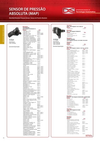 Tecnologia Automotiva
EXPORTADORA MUNDIAL DE
20
SENSOR DE PRESSÃO
ABSOLUTA (MAP)
Manifold Absolute Pressure Sensor / Sensor de Presión Absoluta
SENSORDEPRESSÃOABSOLUTA
Cód. Bosch:
0 261 230 081
1721
Somente Exportação
Montadora
VOLKSWAGEN
Cód. Original: 036 906 051 G
Modelo Ano
· Golf V Plus 1.4 FSI 07/05 >
· Golf V Plus 1.6 05/05 >
· Golf V Plus 1.6 FSI 01/05 >05/08
· Golf V Plus 2.0 FSI 05/05 >06/08
· Golf V Variant 1.4 / 1.4 TSI / 1.6 /
2.0 / 2.0 TDI / 2.0 TDI 16V
06/07 >
· Golf V Variant 1.6 MultiFuel 11/07 >
· Golf V Variant 1.9 TDI 4motion 01/08 >
· Golf V Variant 2.0 TDI 4motion 06/07 >
· Golf VI 1.2 TSI / 2.0 TDI 4motion 05/09 >
· Golf VI 1.4 / 1.4 TSI / 1.6 / 1.6
Multifuel / 2.0 TDI
10/08 >
· Golf VI 1.6 BiFuel 03/09 >
· Golf VI 1.6 TDI 02/09 >
· Golf VI 1.8 TSI / 2.0 06/09 >
· Golf VI 2.0 TDI / 2.0 TSI 04/09 >
· Golf VI 2.5 07/09 >05/11
· Golf VI 2.5 FSI / Golf VI Variant
1.2 TSI
08/09 >
· Golf VI Cabriolet 2.0 TSI 11/11 >
· Golf VI MY2011 1.2 TSI / 1.4 TSI 05/11 >
· Golf VI MY2011 Variant 1.4 TSI 06/11 >
· Golf VI Plus 1.2 TSI 11/09 >05/11
· Golf VI Plus 1.4 TSI 01/09 >05/11
· Golf VI Plus 1.6 01/09 >05/11
· Golf VI Plus MY2011 1.2 TSI / 1.6 05/11 >
· Golf VI Variant 1.2 TSI 07/10 >
· Golf VI Variant 1.4 / 1.4 TSI / 1.6 /
1.6 MultiFuel / 1.6 TDI
07/09 >
· Golf VI Variant 1.6 TDI 12/09 >
· Golf VI Variant 1.6 TDI 4motion/
2.0 TDI
07/09 >
· Jetta V 1.4 TSI 07/06 >10/10
· Jetta V 1.6 FSI 09/05 >10/10
· Jetta V 2.0 FSI 08/05 >10/10
· Jetta V 2.0 TDI 01/10 >10/10
· Jetta V 2.0 TFSI 10/05 >10/10
· Jetta V 2.5 (USA) 01/05 >06/07
· Jetta V 2.5 FSI 07/08 >10/10
· Jetta VI 1.2 TSI / 1.6 TDI 02/11 >
· Jetta VI 1.4 TSI 04/11 >
· Jetta VI 2.0 06/10 >
· Jetta VI 2.0 TDI 10/10 >
· Jetta VI 2.0 TSI 12/10 >
· Jetta VI 2.5 FSI 04/10 >
· Multivan T5 2.0 BiTDI / 2.0 BiTDI
4motion / 2.0 TDI
09/09 >
· Multivan T5 2.0 TDI 4motion 09/09 >
· New Bettle 1.2 07/11 >
· New Bettle 1.4 10/11 >
· New Bettle 2.5 / N. B.
Cabriolet 2.5
07/05 >
· Passat VI 1.6 FSI / 2.0 FSI 03/05 >
· Passat VI 2.0 FSI 4motion/Passat
VI Variant 2.0 FSI 4motion
09/05 >
· Passat VI Variant 1.6 FSI / 2.0 FSI 08/05 >
· Passat VI Variant 3.6 R36 4motion 04/07 >
· Passat VII 1.4 TSI / Passat VII
Variant 1.4 TSI
08/10 >
· Polo IV 1.4 FSI 02/02 >07/06
· Polo V 1.2 06/09 >
· Polo V 1.2 TSI / Scirocco III 2.0 R 11/09 >
· Polo V 1.4 GTI / Sharan II 1.4 TSI /
Touran 1.2 TSI 05/10 >
· Scirocco III 1.4 TSI / Tiguan 1.4
· TSI FWD / 2.0 TFSI
05/08 >
· Scirocco III 2.0 TDI 08/08 >
· Scirocco III 2.0 TSi 05/08 >05/11
· Sharan II 1.4 TSI 10/11 >02/12
· Tiguan 1.4 TSI / 2.0 TFSI 09/07 >
· Tiguan 1.4 TSI / 1.4 TSI 4motion /
2.0 TSI 4motion 05/11 >
· Tiguan 2.0 TFSI 11/07 >
· Tiguan MY2012 1.4 TSI 05/11 >08/12
· Tiguan MY2012 2.0 TFSI 05/11 >07/11
· Tiguan MY2012 2.0 TFSI 4motion 05/11 >
· Touareg II 3.0 V6 TDI 01/10 >
· Touareg II 3.0 V6 TSI / 3.6 V6 FSI 08/10 >
· Touareg II 3.6 V6 FSI 04/10 >
· Touran 1.4 FSI 02/06 >
· Touran 1.6 FSI 02/03 >01/07
· Touran 2.0 FSI 10/03 >
· Transporter V 2.0 BiTDI / 2.0
BiTDI 4motion / 2.0 TDI
09/09 >
· Transporter V 2.0 TDI 05/10 >
· Transporter V 2.0 TDI 4motion 09/09 >
· Transporter V Furgonato 2.0
BiTDI / 2.0 BiTDI 4motion 09/09 >
· Transporter V Furgonato 2.0 TDI/
2.0 TDI 4motion 09/09 >
· Transporter V Pianale Piatto/
Autotelaio 2.0 BiTDI / 2.0 TDI 09/09 >
· Transporter V Pianale Piatto/
Autolelaio 2.0 TDI 4motion 09/09 >
Montadora
BMW - Cód. Original: 13 62 7 966 237
Modelo Ano
· 7 IV B7 Alpina 01/06 >
Montadora
FIAT - Cód. Original: 504064370
Modelo Ano
· Ducato III Autobus 140
Natural Power 04/09 >
· Ducato III Furgonato 140
Natural Power 04/09 >
Montadora
LANCIA
Modelo Ano
· Thesis 2.0 Turbo 07/02 >
Montadora
GENERAL MOTORS
Cód. Original: 55576223 / 93170309 / 95512870
Cód. Bosch:
0 261 230 298
0 261 230 042
1722
Somente Exportação
Montadora
OPEL - Cód. Original: 1238244 / 1247128 / 1247478
Modelo Ano
· Astra G Cabriolet 2.0 OPC
· Astra G Coda spiovente 2.0 OPC
· Astra G Coupé 2.0 OPC
· Astra G Familiare 2.0 OPC
· Astra GTC J 1.4 / 1.6
· Astra H 1.6 Turbo /
Astra H Cabriolet 1.6 Turbo
· Astra H 2.0 Turbo /
H GTC 2.0 Turbo
· Astra H 2.0 Turbo
· Astra H Cabriolet 2.0 Turbo /
Signum 2.8 V6 Turbo
· Astra H Familiare 1.6 Turbo /
Corsa D 1.6 Turbo
· Astra H Familiare 2.0 Turbo
· Astra H GTC 1.6 Turbo
· Astra H GTC 2.0 Turbo /
Vectra C 2.8 V6 Turbo
· Astra J 1.4 Turbo /
Astra Sports Tourer 1.4 Turbo /
1.6 Turbo
· Astra J 1.4 Turbo / 1.6 Turbo
· Insignia 1.6 Turbo / 2.8 V6 Turbo/
Insignia Tre volumi 2.8 V6 Turbo
· Insignia 2.8 V6 Turbo 4x4 OPC
· Insignia Station wagon 1.6 Turbo/
Insignia Tre volumi 1.6 Turbo
· Insignia Station wagon 2.8 V6
Turbo
· Insignia Station wagon 2.8 V6
Turbo 4x4 OPC
· Insignia Tre volumi 2.8 V6
Turbo 4x4 OPC
· Meriva A 1.6 Turbo
· Meriva B 1.4
· Signum 2.8 V6 Turbo
· Speedster 2.0 Turbo
· Speedster 2.2
· Vectra C 2.8 V6 Turbo
· Vectra C Familiare 2.8 V6 Turbo /
C GTS 2.8 V6 Turbo
· Zafira A 2.0 OPC
· Zafira B 1.6 CNG
· Zafira B 2.0
· Zafira B Van 1.6 CNG Turbo
03/02 > 10/05
09/02 > 01/05
09/00 > 05/05
09/02 > 07/04
10/11 >
02/07 >
03/05 >
03/04 >
09/05 >
02/07 >
08/04 >
02/07 >
08/05 >
10/10 >
12/09 >
07/08 >
07/09 >
01/09 >
10/08 >
07/09 >
07/09 >
09/05 > 05/10
06/10 >
01/06 >
04/03 >
09/00 >
08/06 >
08/05 >
09/01 > 06/05
02/09 >
07/05 >
02/09 >
Montadora
PORSCHE - Cód. Original: 95560618000 / 99660618000
Modelo Ano
· 911 IV 3.6 GT2 04/01 > 08/05
· 911 IV 3.6 S 08/04 > 08/05
· 911 IV 3.6 Turbo 4 06/00 > 05/05
· 911 IV 3.6 Turbo 4S 02/03 > 08/05
· 911 IV Cabriolet 3.6 S 08/04 > 08/05
· 911 IV Cabriolet 3.6 Turbo 4 /
911 IV Cabriolet 3.6 Turbo 4S 10/03 > 08/05
· Cayenne Turbo 4.5 09/02 >
· Cayenne Turbo S 4.5 01/04 >
Montadora
SAAB - Cód. Original: 93170309
Modelo Ano
· 9-3 2.8 Turbo V6 03/05 >
· 9-3 Cabriolet 2.8 Turbo 02/06 >
· 9-3 Cabriolet 2.8 Turbo V6 12/07 >
· 9-3 Familiare 2.8 Turbo V6 03/05 >
Montadora
VAUXHALL
Modelo Ano
· Astra IV Cabriolet 2.0 SRi Turbo
· Astra IV Coda spiovente 2.0 SRi
Turbo
· Astra IV Coupé 2.0 SRi Turbo
· Astra V Coda spiovente 2.0 Turbo
· Astra V Sport Hatch 1.6 /
Astra V TwinTop 1.6
· Astra V Sport Hatch 2.0 Turbo
· Astra V Station wagon 1.6
· Astra V Station wagon 2.0 Turbo
· Astra V TwinTop 2.0
· Astra V TwinTop 2.0 i 16V Turbo
· Astra VI 1.4 i 16V
· Astra VI 1.4 i 16v VVT Turbo /
VI 1.6 i 16v Turbo / VI 1.6 Turbo
03/02 >
07/02 >
09/00 >
01/04 > 05/09
10/06 >
02/05 >
08/04 > 03/09
08/04 >
02/06 > 09/06
01/06 >
10/10 >
12/09 >
CONTINUA NA
PRÓX. PÁGINA
 