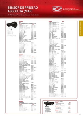 Tecnologia Automotiva
EXPORTADORA MUNDIAL DE
27
SENSOR DE PRESSÃO
ABSOLUTA (MAP)
Manifold Absolute Pressure Sensor / Sensor de Presión Absoluta
Cód. Bosch:
0 281 002 399
0 281 002 267
0 281 002 400
1729
Somente Exportação
Montadora
SEAT
Cód. Original: 038 906 051 B / 03G 906 051 D
Modelo Ano
Montadora
SKODA
Cód. 038 906 051 B / 03G 906 051 D
Modelo Ano
Montadora
VOLKSWAGEN
Cód. Original: 038 906 051 B / 03G 906 051 D
Modelo Ano
Modelo Ano
· Alhambra I / II 1.8 T 20V 10/97 > 03/10
· Alhambra I / II 1.9 TDI 04/96 > 03/10
· Alhambra I / II 1.9 TDI 4motion 06/00 > 03/10
· Altea 1.2 TSI / Altea XL 1.2 TSI 04/10 >
· Altea 1.4 TSI / Altea XL 1.4 TSI 11/07 >
· Altea 1.9 TDI 04/04 >
· Altea XL 1.9 TDI 10/06 >
· Cordoba II 1.4 TDI 10/02 > 11/09
· Cordoba II 1.9 TDI 09/02 > 11/09
· Ibiza III 1.4 16V 02/02 > 11/09
· Ibiza III 1.4 TDI 05/02 > 11/09
· Ibiza III 1.8 T Cupra R 01/04 > 02/08
· Ibiza III 1.8 T FR 12/03 > 05/08
· Ibiza III 1.9 TDI 02/02 >
· Ibiza III 2.0 04/02 > 11/09
· Ibiza IV 1.2 TSI / Ibiza IV ST 1.2 TSI 09/10 >
· Ibiza IV 1.4 TDI / Ibiza IV
SportCoupe 1.4 TDI/SportCoupe
1.9 TDI 07/08 >
· Ibiza IV 1.9 TDI 03/08 >
· Ibiza IV MY2012 1.2 TSI 02/12 >
· Leon I 1.8 20V T / 1.9 TDI 11/99 > 06/06
· Leon I 1.8 20V T 4 11/99 > 06/06
· Leon II 1.2 TSI 02/10 >
· Leon II 1.4 TSI 11/07 >
· Leon II 1.9 TDI 07/05 >
· Toledo II 1.8 20VT 05/01 > 05/06
· Toledo II 1.9 TDI 04/99 > 05/06
· Toledo III 1.4 FSI 11/07 >
· Toledo III 1.9 TDI 10/04 > 05/09
· Fabia I 1.4 TDI 04/03 > 03/08
· Fabia I 1.9 TDI 01/00 > 03/08
· Fabia I Combi 1.4 TDI / Fabia I Tre
volumi 1.4 TDI 04/03 > 12/07
· Fabia I Combi 1.9 TDI 04/00 > 12/07
· Fabia I Praktik 1.4 TDI 10/05 > 12/07
· Fabia I Tre volumi 1.9 TDI 01/00 > 12/07
· Fabia II 1.2 TSI / Fabia II Combi
1.2 TSI / Fabia II Praktik 1.2 TSI 03/10 >
· Fabia II 1.4 TDI 01/07 >
· Fabia II 1.4 TDI INDIA 05/09 > 09/10
· Fabia II 1.9 TDI 04/07 >
· Fabia II Combi 1.4 TDI / 1.9 TDI 10/07 >
· Fabia II Praktik 1.4 TDI 03/07 > 03/10
· Octavia I 1.8 T / 1.9 TDI 08/97 >
· Octavia I 1.8 T 4x4 / Octavia I
Combi 1.8 T 4x4 / Octavia I RS
1.8 T 05/01 >
· Octavia I 1.9 TDI 09/96 >
· Octavia I 1.9 TDI / Octavia II 2.0 RS 10/05 >
· Octavia I Combi 1.8 T / 1.9 TDI 07/98 >
· Octavia I Combi 1.9 TDI 4x4 11/99 >
· Octavia I Combi RS 1.8 T 08/02 >
· Octavia II 1.2 TSI 02/10 >
· Octavia II 1.4 TSI / 2.0 4x4 /
Octavia II Combi 1.4 TSI / 1.8
TSI 4x4 11/08 >
· Octavia II 1.8 TSI / Octavia II
Combi 1.8 TSI 06/07 >
· Octavia II 1.9 TDI 06/04 > 12/10
· Octavia II Combi 1.2 TSI 02/10 >
· Octavia II Combi 1.9 TDI 09/04 > 12/10
· Octavia II Combi 1.9 TDI 4x4 11/04 > 12/10
· Octavia II Combi 2.0 RS 10/05 >
· Roomster 1.2 TSI 03/10 >
· Roomster 1.4 TDI 09/06 > 03/10
· Roomster 1.9 TDI 03/06 > 03/10
· Superb I 1.9 TDI 08/02 > 10/05
· Superb I 2.5 TDI 06/03 > 03/08
· Superb II 1.4 TSI 07/08 >
· Superb II 1.9 TDI 03/08 >
· Superb II Station wagon 1.4 TSI 10/09 >
· Superb II Station wagon 1.9 TDI 10/09 > 11/10
· Yeti 1.2 TSI 09/09 >
· Yeti 1.4 TSI 06/10 >
· Bora 1.8 T 05/00 > 05/05
· Bora 1.9 TDI 10/98 >
· Bora 1.9 TDI 4motion 02/99 >
· Bora Familiare 1.8 T 05/00 > 05/05
· Bora Familiare 1.9 TDI 05/99 >
· Bora Familiare 1.9 TDI 4motion 09/00 > 05/05
· Caddy III 2.0 CHINA 05/04 >
· Caddy III Furgonato 1.2 TSI /
Caddy LIFE III 1.2 TSI 09/10 >
· Caddy III Furgonato 1.9 TDI /
Caddy LIFE III 1.9 TDI 04/04 >
· Caddy III Furgonato 1.9 TDI
4motion 11/08 > 08/10
· Caddy III Furgonato 2.0 SDI 03/04 >
· Caddy III Furgonato 2.0 TDI 09/07 >
· Caddy LIFE III 1.9 TDI 4motion 05/08 >
· Caddy LIFE III 2.0 SDI 03/04 >
· Caddy LIFE III 2.0 TDI 09/07 >
· Eos 1.4 TSI 11/07 >
· Golf IV 1.8 T 08/97 > 06/05
· Golf IV 1.8 T GTI 08/01 > 06/05
· Golf IV 1.9 TDI 08/97 > 05/06
· Golf IV 1.9 TDI 4motion 07/98 > 05/06
· Golf IV Variant 1.8 T 05/00 > 06/06
· Golf IV Variant 1.9 TDI / 1.9 TDI
4motion 05/99 > 06/06
· Golf V 1.4 TSI 05/07 >
· Golf V 1.9 TDI 10/03 >
· Golf V 1.9 TDI 4motion 08/04 >
· Golf V 2.0 SDI 01/04 >
· Golf V PLUS 1.4 TSI / Golf V
Variant 1.4 TSI / 1.9 TDI 06/07 >
· Golf V PLUS 1.9 TDI 01/05 > 01/09
· Golf V Variant 1.9 TDI 4motion 01/08 >
· Golf VI 1.2 TSI 05/09 >
· Golf VI 1.4 TSI 10/08 >
· Golf VI MY2011 1.2 TSI / 1.4 TSI /
MY2011 1.2 TSI 05/11 >
· Golf VI PLUS 1.2 TSI 11/09 > 05/11
· Golf VI PLUS 1.4 TSI 01/09 > 05/11
· Golf VI PLUS MY2011 1.4 TSI 05/11 >
· Golf VI Variant 1.2 TSI 08/09 >
· Golf VI Variant 1.4 TSI 07/09 >
· Jetta V 1.4 TSI 05/07 > 10/10
· Jetta V 1.6 TDI 06/09 > 10/10
· Jetta V 1.9 (USA) 01/05 > 04/07
· Jetta V 1.9 TDI 08/05 > 10/10
· Jetta V 2.0 TFSI 10/05 > 10/10
· Jetta VI 1.2 TSI 02/11 >
· Jetta VI 1.4 TSI 05/11 >
· Lupo 1.4 TDI 01/99 > 07/05
· Multivan T5 1.9 TDI 04/03 > 11/09
· New Beetle 1.2 07/11 >
· New Beetle 1.9 TDI 02/01 >
· New Beetle Cabriolet 1.9 TDI 07/05 >
· Passat V 1.9 CHINA 04/08 >
· Passat V 1.9 TDI / Passat V
Familiare 1.9 TDI 11/00 > 05/05
· Passat V 2.5 TDI / Passat V
Familiare 2.5 TDI 05/03 > 05/05
· Passat V 2.5 TDI 4motion / Passat
V Familiare 2.5 TDI 4motion 01/03 > 05/05
· Passat VI 1.4 TSI 05/07 >
· Passat VI 1.9 TDI 03/05 >
· Passat VI Variant 1.4 TSI 05/07 >
· Passat VI Variant 1.9 TDI 08/05 >
· Passat VII 1.4 TSI / Passat VII
Variant 1.4 TSI 08/10 >
· Polo IV 1.4 TDI / 1.9 TDI 10/01 >
· Polo IV 1.8 GTI 09/05 >
· Polo IV 1.8 GTI Cup Edition 05/06 >
· Polo IV Tre volumi 1.4 TDI 07/03 >
· Polo IV Tre volumi 1.9 TDI 09/02 >
· Polo V 1.2 TSI 11/09 >
· Scirocco III 1.4 TSI 08/08 >
· Sharan I 1.8 T 20V 09/97 > 03/10
· Sharan I 1.9 TDI 09/98 > 03/10
· Sharan I 1.9 TDI 4motion 04/00 > 03/10
· Tiguan 1.4 TSI 08/10 >
· Tiguan MY2012 1.4 TSI 05/11 >
· Touran 1.2 TSI 05/10 >
· Touran 1.4 CHINA 04/09 >
· Touran 1.9 TDI 02/03 >
· Transporter V 1.9 TDI 07/03 > 11/09
· Transporter V Furgonato 1.9 / 2.0 04/03 > 11/09
· Transporter V Furgonato 1.9 TDI 01/06 > 11/09
· Transporter V Pianale piatto/
Autotelaio 1.9 TDI 04/03 > 11/09
Montadora - AGRALE
Modelo Ano
· Furgovan 6000 E-tronic 10/05 >
· Marrua 2.8 TDI 07/06 >
Montadora - MARCOPOLO
Modelo Ano
· Volare V5 2.8 D 01/06 >
· Volare V6 2.8 D 01/06 >
Montadora - NISSAN
Modelo Ano
· Frontier 2.8 Diesel 08/10 >
· X Terra 2.8 Diesel 08/10 >
Cód. Bosch:
0 281 002 593
Cód. MWM:
940700690034
1730
Linha Pesada
SENSORDEPRESSÃOABSOLUTA
 