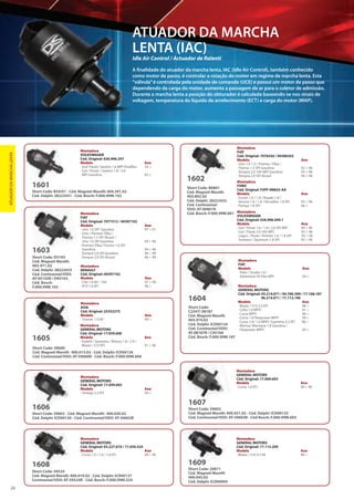Tecnologia Automotiva
EXPORTADORA MUNDIAL DE
28
ATUADORDAMARCHALENTA
SENSOR DE PRESSÃO
ABSOLUTA (MAP)
MANIFOLD ABSOLUTE PRESSURE SENSOR / SENSOR DE PRESIÓN ABSOLUTA
Short Code: B34/01 - Cód. Magneti Marelli: 404.391.02
Cód. Delphi: 28222431 - Cód. Bosch: F.000.99M.102
1601
Montadora
VOLKSWAGEN
Cód. Original: 026.906.247
Modelo Ano
· Gol/ Parati/ Saveiro 1.6 MPI Totalflex 02 >
· Gol / Parati / Saveiro 1.8 / 2.0
MPI Gasolina 02 >
1602
Montadora
FIAT
Cód. Original: 7076356 / 40380202
Modelo Ano
· Uno 1.0 1.5 / Premio / Elba /
Fiorino 1.5 SPI Gasolina 92 > 96
· Tempra 2.0 16V MPI Gasolina 95 > 96
· Tempra 2.0 SPI Álcool 94 > 96
ATUADOR DA MARCHA
LENTA (IAC)
A finalidade do atuador da marcha lenta, IAC (Idle Air Control), também conhecido
como motor de passo, é controlar a rotação do motor em regime de marcha lenta. Esta
“válvula”é controlada pela unidade de comando (UCE) e possui um motor de passo que
dependendo da carga do motor, aumenta a passagem de ar para o coletor de admissão.
Durante a marcha lenta a posição do obturador é calculada baseando-se nos sinais de
voltagem, temperatura do líquido de arrefecimento (ECT) e carga do motor (MAP).
Idle Air Control / Actuador de Ralentí
Short Code: B0801
Cód. Magneti Marelli:
403.802.02
Cód. Delphi: 28222432
Cód. Continental/
VDO: AT-00801R
Cód. Bosch: F.000.99M.801
Montadora
FORD
Cód. Original: F5PF-9N825-AA
Modelo Ano
· Escort 1.6 / 1.8 / Royale 1.8 /
Verona 1.6 / 1.8 / Versailles 1.8 SPI 95 > 96
· Pampa 1.8 SPI 96 >
Montadora
VOLKSWAGEN
Cód. Original: 026.906.049.1
Modelo Ano
· Gol / Parati 1.6 / 1.8 / 2.0 SPI MPI 94 > 96
· Gol / Parati 2.0 16V MPI 95 > 96
· Logus / Parati / Pointer 1.6 / 1.8 SPI 95 > 96
· Santana / Quantum 1.8 SPI 95 > 96
Short Code: D5103
Cód. Magneti Marelli:
403.971.02
Cód. Delphi: 28222433
Cód. Continental/VDO:
AT-05103R / D95103
Cód. Bosch:
F.000.99M.103
1603
Montadora
FIAT
Cód. Original: 7077213 / 40397102
Modelo Ano
· Uno 1.0 SPI Gasolina 97 > 01
· Uno / Premio/ Elba /
Fiorino 1.5 SPI Álcool /
Uno 1.6 SPI Gasolina 94 > 96
· Premio/ Elba/ Fiorino 1.6 SPI
Gasolina 94 > 96
· Tempra 2.0 SPI Gasolina 94 > 99
· Tempra 2.0 SPI Álcool 96 > 99
Montadora
RENAULT
Cód. Original: 40397102
Modelo Ano
· Clio 1.6 8V / 16V 97 > 99
· R19 1.6 EFI 96 >
Short Code:
C2547/ 08187
Cód. Magneti Marelli:
403.974.02
Cód. Delphi: ICD00124
Cód. Continental/VDO:
AT-08187R / C95166
Cód. Bosch: F.000.99M.187
1604
Montadora
GENERAL MOTORS
Cód. Original: 93.214.071 / 94.700.309 / 17.108.187
96.214.071 / 17.113.196
Modelo Ano
· Blazer / S10 2.2 EFI 96 >
· Celta 1.0 MPFI 01 >
· Corsa MPFI 96 >
· Corsa 1.8 Flexpower MPFI 04 >
· Corsa 1.0/ 1.6 MPFI/ Suprema 2.2 EFI 96 >
· Meriva/ Montana 1.8 Gasolina /
Flexpower MPFI 04 >
Montadora
FIAT
Modelo Ano
· Palio / Strada 1.8 /
Adventure Hi-Flex MPI 04 >
Short Code: 59600
Cód. Magneti Marelli: 400.015.02 - Cód. Delphi: ICD00126
Cód. Continental/VDO: AT-59600R - Cód. Bosch: F.000.99M.600
Short Code: 59602 - Cód. Magneti Marelli: 400.020.02
Cód. Delphi: ICD00120 - Cód. Continental/VDO: AT-59602R
Short Code: 59603
Cód. Magneti Marelli: 400.021.02 - Cód. Delphi: ICD00125
Cód. Continental/VDO: AT-59603R - Cód Bosch: F.000.99M.603
1605
1606
1607
Montadora
GENERAL MOTORS
Cód. Original: 17.059.600
Modelo Ano
· Kadett / Ipanema / Monza 1.8 / 2.0 /
Blazer / S10 EFI 91 > 96
Montadora
ASIA
Cód. Original: 25352275
Modelo Ano
· Towner 1.0 8V 09 >
Montadora
GENERAL MOTORS
Cód. Original: 17.059.602
Modelo Ano
· Omega 2.2 EFI 94 >
Montadora
GENERAL MOTORS
Cód. Original: 17.069.603
Modelo Ano
· Corsa 1.6 EFI 94 > 96
Montadora
GENERAL MOTORS
Cód. Original: 17.113.209
Modelo Ano
· Blazer / S10 4.3 V6 96 >
Short Code: 20871
Cód. Magneti Marelli:
400.045.02
Cód. Delphi: ICD00004
1609
Short Code: 59524
Cód. Magneti Marelli: 400.019.02 - Cód. Delphi: ICD00127
Continental/VDO: AT-59524R - Cód. Bosch: F.000.99M.524
1608
Montadora
GENERAL MOTORS
Cód. Original: 93.227.674 / 17.059.524
Modelo Ano
· Corsa 1.0 / 1.4 / 1.6 EFI 94 > 96
 
