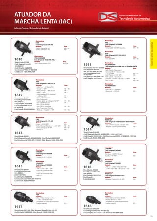 Tecnologia Automotiva
EXPORTADORA MUNDIAL DE
29
ATUADOR DA
MARCHA LENTA (IAC)
Idle Air Control / Actuador de Ralentí
Short Code: D5104
Cód. Magneti Marelli:
403.965.02
Cód. Delphi: 28222434
Continental/VDO: AT-05104R
Cód Bosch: F.000.99M.104
1610
Montadora
VOLKSWAGEN
Cód. Original: 026.998.049.2
Modelo Ano
· Gol 1.0 8V (motor CHT) 94 > 96
Montadora
FIAT
Cód. Original: 7.078.983
Modelo Ano
· Palio / Siena 1.6 SPI 98 > 99
· Palio / Siena 1.3 SPI 96 >
Short Code: D5150 - B34/00
Cód. Magneti Marelli:
404.301.02 / 404.403.02
Cód. Continental/VDO:
AT-05150R
Cód. Bosch: F.000.99M.150
Cód. Delphi: 28222435
1611
Montadora
FIAT
Cód. Original: 7079064
Modelo Ano
· Tempra 2.0 16V MPI Gasolina 97 > 99
Montadora
SEAT
Cód. Original: 027.998.049.1
Modelo Ano
· Inca 2.0 MPFI 97 > 98
Montadora
VOLKSWAGEN
Modelo Ano
· Polo 1.6 1.8 / Santana /
Quantum 1.8 2.0 8V 02 >
Montadora
VOLKSWAGEN
Cód. Original: 027.998.049.1 / 026.906.247.A
Modelo Ano
· Gol / Parati / Quantum /
Santana MI 97 / Saveiro 1.6 /
1.8 / 2.0 MPI 96 > 02
· Gol / Parati 2.0 16V MPI 96 >
· Polo Classic / Quantum /
Santana / Saveiro 1.6 / 1.8 / 2.0 MPI 96 >
· Van 1.6 MPI 96 > 98
ATUADORDAMARCHALENTA
Short Code: B20/01
Cód. Magneti Marelli:
404.152.02
Cód. Delphi: 28222436
Cód. Continental/VDO:
AT-02001R
Cód. Bosch: F.000.99M.001
1612
Montadora
FIAT
Cód. Original: 4.645.179.4
Modelo Ano
· Palio 1.0 / 1.5 / Siena 1.0 /
Strada 1.5 MPI 96 > 98
· Palio / Siena 1.5 MPI Álcool 99 >
· Palio 1.3 MPI 98 >
· Palio Weekend 1.0 Gasolina /
1.5 Álcool MPI 97 >
· Siena 1.5 / Uno 1.0 99 >
· Uno Furgoneta /
Fiorino (pick-up e furgão) 1.5 MPI 97 > 98
· Uno 1.0 MPI Álcool 99 >
· Uno 1.5 SPI Álcool /
Uno 1.6 SPI Gasolina 94 > 96
· Uno Furgoneta / Fiorino
(Pick-up e Furgão) 1.5 MPI 97 > 98
Short Code: B28/00
Cód. Magneti Marelli: 404.802.02 / 230016079207
Cód. Delphi: 28222438 - Cód. Continental/VDO: AT-02800R / D95166
Cód. Bosch: F.000.99M.800
1614
Montadora
RENAULT
Cód. Original: 7700102539 / 8200299241
Modelo Ano
· Clio 1.6 16V / Scénic 1.6 / 2.0 16V /
Mégane 2.0 16V (motor K4M) 00 >
Short Code: B02/01
Cód. Magneti Marelli: 9244290500 - Cód. Delphi: 28222437
Cód. Continental/VDO: AT-01200R - Cód. Bosch: F.000.99M.200
1613
Montadora
FIAT
Cód. Original: 9.945.635
Modelo Ano
· Brava 1.6 16V MPI 00 >
· Palio / Siena / Weekend 1.6 16V MPI 96 > 00
· Palio / Siena 1.6 8V MPI 99 > 00
· Strada 1.6 99 >
Short Code: B04/01
Cód. Magneti Marelli:
404.804.02 /
230016079057
Cód. Delphi: 28222540
Cód. Continental/VDO: AT-00401R
Cód. Bosch: F.000.99M.401
1615
Montadora
CITROËN
Cód. Original: 1920X9
Modelo Ano
· Xantia 1.8 8V / 2.0 16V > 97
Montadora
PEUGEOT
Cód. Original: 1920X9
Modelo Ano
· 306 2.0 16V / 405 1.8 8V
(caixa de comando AMC) 93 >
· 405 2.0 16V
(caixa de comando AMC)
· 406 2.0
Short Code: 00600
Cód. Magneti Marelli:
404.806.02
Cód. Delphi: 28222543
Cód. Bosch:
F.000.99M.431
1616
Montadora
PEUGEOT
Cód. Original: 1920N1
Modelo Ano
· 306 1.8 / 2.0 8V / 16V / 405 1.8 /
2.0 8V / 16V / 406 1.8 / 2.0 8V / 16V 93 >
Montadora
CITROËN
Cód. Original: 1920N1
Modelo Ano
· Berlingo 2.0 MPI / Xsara /
ZX 1.8 2.0 8V MPI 00 >
Montadora
RENAULT
Cód. Original: 8200211431
Modelo Ano
· Mégane / Scénic 2.0 8V MPI 00 >
Short Code: IB01/00 - Cód. Magneti Marelli: 404.429.02
Cód. Delphi: 28222545 - Cód. Bosch: F.000.99M.902
1617
Montadora
FIAT
Modelo Ano
· Uno / Palio / Siena 1.0 / 1.3 /
1.4 8V / 16V Motor Fire /
Acoplado ao corpo de borboleta
(corpo snap in) 01 >
Short Code: IB02/00
Cód. Magneti Marelli: 404.808.02
Cód. Delphi: 28222554 - Cód Bosch: F.000.99M.500
1618
Montadora
FIAT
Modelo Ano
· Palio / Siena / Strada / Doblò /
Marea / Brava 1.6 16V /
Acoplado ao corpo de borboleta
(corpo snap in) 01 >
 