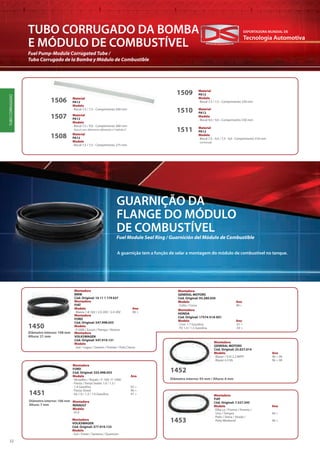 Tecnologia Automotiva
EXPORTADORA MUNDIAL DE
32
TUBO CORRUGADO DA BOMBA
E MÓDULO DE COMBUSTÍVEL
Fuel Pump-Module Corrugated Tube /
Tubo Corrugado de la Bomba y Módulo de Combustible
1509
1510
Material
PA12
Modelo
· Bocal 7,5 / 7,5 - Comprimento 330 mm
Material
PA12
Modelo
· Bocal 9,0 / 9,0 - Comprimento 330 mm
1511 Material
PA12
Modelo
· Bocal 7,5 - 9,0 / 7,5 - 9,0 - Comprimento 310 mm
(universal)
TUBOCORRUGADO
GUARNIÇÃO DA
FLANGE DO MÓDULO
DE COMBUSTÍVEL
A guarnição tem a função de selar a montagem do módulo de combustível no tanque.
Diâmetro interno: 108 mm
Altura: 21 mm
1450
Montadora
FORD
Cód. Original: 547.998.055
Modelo
· F1000 / Escort / Pampa / Verona
Montadora
FIAT
Modelo Ano
· Marea 1.8 16V / 2.0 20V / 2.4 20V 99 >
Montadora
BMW
Cód. Original: 16 11 1 179 637
Montadora
HONDA
Cód. Original: 17574-S1A-E01
Modelo Ano
· Civic 1.7 Gasolina 01 >
· Fit 1.4 / 1.5 Gasolina 03 >
Fuel Module Seal Ring / Guarnición del Módulo de Combustible
Montadora
GENERAL MOTORS
Cód. Original: 93.280.050
Modelo Ano
· Celta / Corsa 99 >
Montadora
VOLKSWAGEN
Cód. Original: 547.919.131
Modelo
· Gol / Logus / Saveiro / Pointer / Polo Classic
Diâmetro interno: 93 mm / Altura: 6 mm
1452
Montadora
GENERAL MOTORS
Cód. Original: 25.027.014
Modelo Ano
· Blazer / S10 2.2 MPFI 96 > 00
· Blazer 4.3 V6 96 > 00
Diâmetro interno: 106 mm
Altura: 7 mm
1451
Montadora
VOLKSWAGEN
Cód. Original: 377.919.133
Modelo
· Gol / Parati / Santana / Quantum
Montadora
FORD
Cód. Original: 325.998.053
Modelo Ano
· Versailles / Royale / F-100 / F-1000
· Fiesta / Fiesta Sedan 1.0 / 1.3 /
1.4 Gasolina 02 >
· Fiesta Street 96 >
· Ka 1.0 / 1.3 / 1.4 Gasolina 97 >
Montadora
RENAULT
Modelo
· R19
1453
Montadora
FIAT
Cód. Original: 7.527.545
Modelo Ano
· Elba i.e / Fiorino / Premio /
Uno / Tempra 94 >
· Palio / Siena / Strada /
Palio Weekend 96 >
1506
1507
Material
PA12
Modelo
· Bocal 7,5 / 7,5 - Comprimento 260 mm
Material
PA12
Modelo
· Bocal 7,5 / 9,0 - Comprimento 260 mm
(bocal com diâmetros diferentes e“nódulos”)
1508 Material
PA12
Modelo
· Bocal 7,5 / 7,5 - Comprimento 275 mm
 