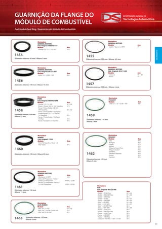 Tecnologia Automotiva
EXPORTADORA MUNDIAL DE
33
GUARNIÇÃO DA FLANGE DO
MÓDULO DE COMBUSTÍVEL
Fuel Module Seal Ring / Guarnición del Módulo de Combustible
Diâmetro interno: 152 mm / Altura: 4,5 mm
Diâmetro interno: 140 mm / Altura: 16 mm
1455
1456
Montadora
GENERAL MOTORS
Modelo Ano
· Kadett / Ipanema MPFI 97 >
Montadora
GENERAL MOTORS
Cód. Original: 90.572.097
Modelo Ano
· Astra 1.8 / 2.0 8V / 16V 99 >
Diâmetro interno: 139 mm / Altura: 6 mm
1457
Montadora
GENERAL MOTORS
Cód. Original: 90.411.085
Modelo Ano
· Corsa i.e. 94 > 99
· Vectra 97 >
Diâmetro interno: 120 mm
Altura: 22 mm
1458
Montadora
FORD
Cód. Original: 98AP9276AB
Modelo Ano
· Courier 1.3 / 1.4 16V 97 > 00
· Escort / Escort SW 1.8 16V Gasolina 97 >
· Focus / Focus Sedan 1.8 / 2.0
16V Gasolina 00 > 04
· Fiesta / Fiesta Sedan / EcoSport /
Supercharger 1.0 / 1.6 / Focus /
1.6 Gasolina 03 >
· Fiesta / Fiesta Sedan / EcoSport
1.6 Flex 04 >
· Focus / EcoSport 2.0 Duratec 05 >
Diâmetro interno: 116 mm
Altura: 5 mm
Diâmetro interno: 138 mm / Altura: 22 mm
1459
1460
Montadora
PEUGEOT
Modelo Ano
· 206 1.0 / 1.4 / 1.6 8V / 16V 98 >
Montadora
HONDA
Cód. Original: 17052
Modelo Ano
· Civic 1.8 Gasolina / Civic 1.8
Flex Todos 07 >
Diâmetro interno: 138 mm
Altura: 11 mm
Diâmetro interno: 125 mm
Altura: 5 mm
1461
1462
Montadora
GENERAL MOTORS
Modelo Ano
· Montana 1.8 MPFI 04 >
· Astra 2.0 Flexpower / Astra /
Sedan 2.0 Flexpower 04/04 > 12/06
· Vectra 2.0 Flexpower / Vectra /
2.4 16V Flexpower 10/05 > 02/09
Montadora
RENAULT
Modelo Ano
· Clio 99 >
· Kangoo 99 >
· Logan 07 >
· Master 03 >
· Mégane Grand Tour 99 >
· Mégane Sedan 99 >
· Sandero 08 >
· Sandero Stepway 08 >
· Scénic 99 >
· Symbol 09 >
GUARNIÇÃO
Diâmetro interno: 125 mm
Altura: 6 mm1463
Montadora
FIAT
Cód. Original: 465.23.406
Modelo Ano
· Doblò 1.3 16V Fire 02 > 06
· Doblò 1.8 8V MPI Flex 07 > 09
· Doblò 1.4 8V Flex 09 >
· Doblò 1.6 16V 02 > 03
· Doblò 1.8 8V MPI 04 > 06
· Stilo 1.8 8V MPI 03 > 06
· Stilo 1.8 16V MPI 03 > 07
· Stilo 1.8 8V MPI Flex 06 >
· Stilo 2.4 20V MPI 03 > 09
· Punto 1.3 16V JTD 09 >
· Punto 1.4 8V Fire Flex 08 >
· Punto 1.4 16V T-Jet 09 >
· Punto 1.8 8V MPI 08 >
· Punto 1.8 8V Flex 08 >
· Linea 1.9 16V Flex / T-JET 1.4 16V 09 >
Montadora
ALFA ROMEO
Modelo Ano
· Alfa 147 2.0 16V 03 > 04
· Alfa 156 / 156 SW 2.5 V6 24V 03 >
· Alfa 166 3.0 V6 24V 02 >
Diâmetro interno: 85 mm / Altura: 5 mm
1454
Montadora
GENERAL MOTORS
Cód. Original: F000TE1131
Modelo Ano
· Omega 2.0 / 2.2 / 3.0 / 4.1 92 >
 