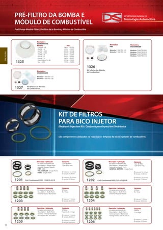 Tecnologia Automotiva
EXPORTADORA MUNDIAL DE
38
PRÉ-FILTRO DA BOMBA E
MÓDULO DE COMBUSTÍVEL
Fuel Pump-Module Filter / Prefiltro de la Bomba y Módulo de Combustible
Montadora
FIAT
Módulo: F 000 TE0 124
Módulo: F 000 TE0 122
Montadora
VOLKSWAGEN
Módulo: F 000 TE0 127
Módulo: F 000 TE0 128
Montadora
VOLKSWAGEN
Módulo: F 000 TE0 002
Módulo: F 000 TE0 013
Módulo: F 000 TE0 004
Módulo: F 000 TE0 116
1326
1327
PRÉ-FILTRO
Kit Inferior do Módulo
de Combustível
Kit Inferior do Módulo
de Combustível
KIT DE FILTROS
PARA BICO INJETOR
São componentes utilizados na reparação e limpeza de bicos injetores de combustível.
Electronic Injection Kit / Conjunto para Inyección Electrónica
Montadora
VOLKSWAGEN
Modelo Ano
· Corrado 2.8 08/91 > 07/95
· Golf III 1.8 11/91 > 12/97
· Golf III 1.8 Mi 01/96 > 07/98
· Golf III 2.0 Mi 01/94 > 07/98
· Golf III 2.8 01/92 > 12/97
· Passat 2.0 01/92 > 03/97
· Passat 2.8 06/91 > 03/97
· Polo Classic 1.6 Mi 07/96 > 12/03
· Van 1.6 Mi 11/98 > 12/031325
1201
Descrição / Aplicação
· Kit para uso externo do
Bico Injetor - Single Point
· Sistema Magneti Marelli
· FIAT - C.F.I.
· VOLKSWAGEN - Single Point
· FORD - Single Point
Conjunto
1 par de filtro
1 par de o´ring
Cód. Continental/VDO: 125.670.031R
Ø Interno: 12,42mm
Ø secção: 1,78mm
Ø Interno: 20,32mm
Ø secção: 1,78mm
1202
Descrição / Aplicação
· Kit para uso externo do
Bico Injetor - Single Point
· Sistema Rochester - E.F.I.
· GENERAL MOTORS - Single Point
Conjunto
1 par de filtro
1 par de o´ring
Cód. Continental/VDO: 125.670.032R
Ø Interno: 12,42mm
Ø secção: 1,78mm
Ø Interno: 20,32mm
Ø secção: 1,78mm
12041203
Descrição / Aplicação
· Kit para uso interno do
Bico Injetor - Multi Point
· Sistema Magneti Marelli
Descrição / Aplicação
· Kit para uso interno do
Bico Injetor - Multi Point
· Sistema Bosch / Rochester
Conjunto
4 filtros
8 o´rings
Conjunto
4 filtros
8 o´rings
Ø Interno: 7,52mm
Ø secção: 3,53mm
Ø Interno: 7,52mm
Ø secção: 3,53mm
1205 1206
Descrição / Aplicação
· Kit para uso interno do
Bico Injetor - Multi Point
· Sistema - Bosch/ Rochester
· Bico Injetor Nº: 25319301
Descrição / Aplicação
· Kit para uso interno do
Bico Injetor - Multi Point
· Sistema Bosch / Rochester
· Omega motor 3.0 / 4.1L 6 cil.
Conjunto
4 filtros
4 pares de o´rings
Conjunto
6 filtros
12 o´rings
Ø Interno: 7,52mm
Ø secção: 3,53mm
Ø Interno: 9,19mm
Ø secção: 2,62mm
Ø Interno: 7,52mm
Ø secção: 3,53mm
 