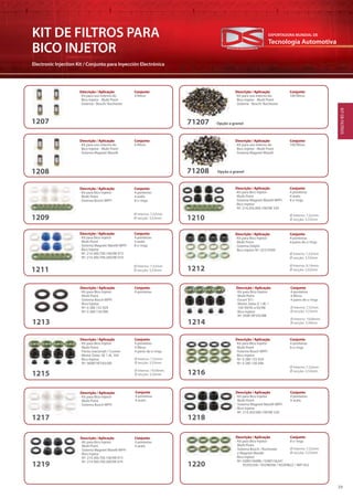 Tecnologia Automotiva
EXPORTADORA MUNDIAL DE
39
KIT DE FILTROS PARA
BICO INJETOR
Electronic Injection Kit / Conjunto para Inyección Electrónica
KITDEFILTROS
1207 71207
Descrição / Aplicação
· Kit para uso interno do
Bico Injetor - Multi Point
· Sistema - Bosch/ Rochester
Descrição / Aplicação
· Kit para uso interno do
Bico Injetor - Multi Point
· Sistema - Bosch/ Rochester
Conjunto
4 filtros
Conjunto
100 filtros
1208
Descrição / Aplicação
· Kit para uso interno do
Bico Injetor - Multi Point
· Sistema Magneti Marelli
Conjunto
4 filtros
71208
Descrição / Aplicação
· Kit para uso interno do
Bico Injetor - Multi Point
· Sistema Magneti Marelli
Conjunto
100 filtros
Opção a granel
Opção a granel
1209
Descrição / Aplicação
· Kit para Bico Injetor
Multi Point
· Sistema Bosch MPFI
Conjunto
4 ponteiras
4 anéis
8 o´rings
Ø Interno: 7,52mm
Ø secção: 3,53mm 1210
Descrição / Aplicação
· Kit para Bico Injetor
Multi Point
· Sistema Magneti Marelli MPFI
· Bico Injetor
Nº: 214.303.000.100/IW 330
Conjunto
4 ponteiras
4 anéis
8 o´rings
Ø Interno: 7,52mm
Ø secção: 3,53mm
1211
Descrição / Aplicação
· Kit para Bico Injetor
Multi Point
· Sistema Magneti Marelli MPFI
· Bico Injetor
Nº: 214.300.700.100/IW 073
Nº: 214.300.700.200/IW 074
Conjunto
4 ponteiras
4 anéis
8 o´rings
Ø Interno: 7,52mm
Ø secção: 3,53mm 1212
Descrição / Aplicação
· Kit para Bico Injetor
Multi Point
· Sistema Delphi
· Bico Injetor Nº: 25319300
Conjunto
4 ponteiras
4 pares de o´rings
Ø Interno: 7,52mm
Ø secção: 3,53mm
Ø Interno: 9,19mm
Ø secção: 2,62mm
1213
Descrição / Aplicação
· Kit para Bico Injetor
Multi Point
· Sistema Bosch MPFI
· Bico Injetor
Nº: 0 280 155 929
Nº: 0 280 156 096
Conjunto
4 ponteiras
1214
Descrição / Aplicação
· Kit para Bico Injetor
Multi Point
· Escort 97>
· Motor Zetec-E 1.8L /
16V 09/95 a 05/98
· Bico Injetor
Nº: 958F/9F593/BB
Conjunto
4 ponteiras
4 filtros
4 pares de o´rings
Ø Interno: 7,52mm
Ø secção: 3,53mm
Ø Interno: 19,00mm
Ø secção: 3,50mm
1215
Descrição / Aplicação
· Kit para Bico Injetor
Multi Point
· Fiesta (nacional) / Courier
· Motor Zetec-SE 1.4L 16V
· Bico Injetor
Nº: 96MF/9F593/AB
Conjunto
4 ponteiras
4 filtros
4 pares de o´rings
Ø Interno: 7,52mm
Ø secção: 3,53mm
Ø Interno: 19,00mm
Ø secção: 3,50mm 1216
Descrição / Aplicação
· Kit para Bico Injetor
Multi Point
· Sistema Bosch MPFI
· Bico Injetor
Nº: 0 280 155 929
Nº: 0 280 156 096
Conjunto
4 ponteiras
8 o´rings
Ø Interno: 7,52mm
Ø secção: 3,53mm
1217
Descrição / Aplicação
· Kit para Bico Injetor
Multi Point
· Sistema Bosch MPFI
Conjunto
4 ponteiras
4 anéis
1218
Descrição / Aplicação
· Kit para Bico Injetor
Multi Point
· Sistema Magneti Marelli MPFI
· Bico Injetor
Nº: 214.303.000.100/IW 330
Conjunto
4 ponteiras
4 anéis
1219
Descrição / Aplicação
· Kit para Bico Injetor
Multi Point
· Sistema Magneti Marelli MPFI
· Bico Injetor
Nº: 214.300.700.100/IW 073
Nº: 214.300.700.200/IW 074
Conjunto
4 ponteiras
4 anéis
1220
Descrição / Aplicação
· Kit para Bico Injetor
Multi Point
· Sistema Bosch / Rochester
e Magneti Marelli
· Bico Injetor
Nº: 0280156086 / 0280156241
93392558 / 93298396 / 93309822 / IWP 052
Conjunto
8 o´rings
Ø Interno: 7,52mm
Ø secção: 3,53mm
 