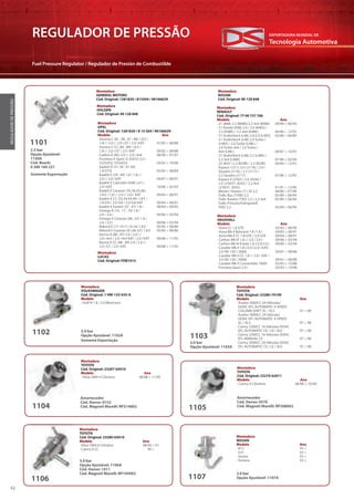 Tecnologia Automotiva
EXPORTADORA MUNDIAL DE
42
REGULADOR DE PRESSÃO
Fuel Pressure Regulator / Regulador de Presión de Combustible
1101
2.5 bar
Opção Ajustável:
1150A
Cód. Bosch:
0 280 160 221
Somente Exportação
Montadora
GENERAL MOTORS
Cód. Original: 1281820 / 815504 / 90166629
Montadora
LUCAS
Cód. Original: FDB1015
Montadora
NISSAN
Cód. Original: 90 128 848
Montadora
HOLDEN
Cód. Original: 90 128 848
Montadora
OPEL
Cód. Original: 1281820 / 8 15 504 / 90166629
Modelo Ano
· Ascona C (81 , 86 , 87 , 88) 1.8 E /
1.8 i / 2.0 i / 2.0 i GT / 2.0 i KAT 01/85 > 08/88
· Ascona C CC (84 , 89) 1.8 E /
1.8 i / 2.0 i GT / 2.0 i KAT 09/82 > 08/88
· Calibra A (85) 2.0 i / 2.0 i 4x4 06/90 > 07/97
· Frontera A Sport (5 SUD2) 2.0 i
(52SUD2, 55SUD2) 03/92 > 10/98
· Kadett D (31-34 , 41-44)
1.8 GT/E 02/83 > 08/84
· Kadett E (39 , 49) 1.8 / 1.8 i /
2.0 i / 2.0 i KAT 09/87 > 08/91
· Kadett E Cabriolet (43B) 2.0 i /
2.0 i KAT 10/86 > 02/93
· Kadett E Caravan (35,36,45,46)
1.8 E / 1.8 i / 2.0 i / 2.0 i KAT 09/84 > 08/91
· Kadett E CC (33,34,43,44) 1.8 E /
1.8 GSI / 2.0 GSI / 2.0 GSI KAT 09/84 > 08/91
· Kadett E Kasten (37 , 47) 1.8 i 08/84 > 09/92
· Omega A (16 , 17 , 19) 1.8 /
2.0 / 2.0 i 09/86 > 03/94
· Omega A Caravan (66 , 67) 1.8 /
2.0 / 2.0 i 09/86 > 03/94
· Rekord E (17-19,11,14,16) 1.8 E 05/85 > 08/86
· Rekord E Caravan (61,66 ,67) 1.8 E 05/85 > 08/86
· Vectra A (86 , 87) 2.0 / 2.0 i /
2.0 i 4x4 / 2.0 i 4x4 KAT / 2.0 i KAT 09/88 > 11/95
· Vectra A CC (88 , 89) 2.0 / 2.0 i /
2.0 i GT / 2.0 i KAT 04/88 > 11/95
Montadora
RENAULT
Cód. Original: 77 00 727 766
Modelo Ano
· 21 (B48) 2.2 (B48K)/2.2 4x4 (B48K) 09/89 > 06/94
· 21 Kombi (K48) 2.0 / 2.0 (K483) /
2.2 (K48K) / 2.2 4x4 (K48K) 06/86 > 12/93
· 21 Stufenheck (L48) 2.0/2.0 (L483) 03/86 > 06/89
· 21 Stufenheck (L48) 2.0 Turbo /
(L485) / 2.0 Turbo (L48L) /
2.0 Turbo 4x4 / 2.0 Turbo /
4x4 (L48L) 04/87 > 10/93
· 21 Stufenheck (L48) 2.2 (L48K) /
2.2 4x4 (L48K) 07/86 > 02/94
· 25 (B29 ) 2.2 (B29B) / 2.2 (B29E) 04/84 > 12/92
· Espace I (J11) 2.0 i (J116) / 2.0 i
Quadra (J116) / 2.2 (J117) /
2.2 Quadra (J117) 07/86 > 12/92
· Espace II (J/S63 ) 2.0 (J636) /
2.2 (J/S637, J63G) / 2.2 4x4
(J/S637, J63G) 01/91 > 12/96
· Master I Kasten (T ) 30 2,2 08/80 > 07/98
· Trafic Bus (TXW) 2.2 05/89 > 06/94
· Trafic Kasten (TXX) 2.2 / 2.2 4x4 05/89 > 06/94
· Trafic Pritsche/Fahrgestell
PXX) 2.2 05/89 > 06/94
Montadora
VAUXHALL
Modelo Ano
· Astra CC 1.8 GTE 03/83 > 08/96
· Astra Mk II Belmont 1.8 /1.8 i 09/85 > 08/91
· Astra Mk II CC 1.8 GTE / 2.0 GTE 09/84 > 08/91
· Carlton Mk III 1.8 i / 2.0 / 2.0 i 09/86 > 03/94
· Carlton Mk III Estate 1.8 i/2.0/2.0 i 09/86 > 03/94
· Cavalier Mk II 1.8 i/2.0 i/2.0 i KAT/
2.0 SRi 130 / 2000i 09/81 > 08/88
· Cavalier Mk II CC 1.8 i / 2.0 i KAT /
2.0 SRi 130 / 2000i 09/81 > 08/88
· Cavalier Mk II Convertible 1800i 03/85 > 10/88
· Frontera Sport 2.0 i 03/92 > 10/98
1102
Montadora
VOLKSWAGEN
Cód. Original: 1 HM-133-035-A
Modelo
· Golf III 1.8 / 2.0 Mexicano
Somente Exportação
3.0 bar
Opção Ajustável: 1102A 1103
Montadora
TOYOTA
Cód. Original: 23280-74190
Modelo Ano
· Avalon 3000CC 24-Válvulas/
DOHC EFI, AUTOMATIC 4-SPEED
COLUMN SHIFT XL / XLS 97 > 98
· Avalon 3000CC 24-Válvulas
DOHC EFI, AUTOMATIC 4-SPEED
XL / XLS 97 > 98
· Camry 2200CC 16-Válvulas DOHC
EFI, AUTOMATIC CE / LE / XLE 97 > 98
· Camry 2200CC 16-Válvulas DOHC
EFI, MANUAL CE 97 > 98
· Camry 3000CC 24-Válvulas DOHC
EFI, AUTOMATIC CE / LE / XLE 97 > 98
3.0 bar
Opção Ajustável: 1103A
1104
Montadora
TOYOTA
Cód. Original: 23207-65010
Modelo Ano
· Hilux SW4 4 Cilindros 08/88 > 11/95
Amortecedor
Cód. Denso: 0152
Cód. Magneti Marelli: RP214002
1105
Montadora
TOYOTA
Cód. Original: 23270-62011
Modelo Ano
· Camry 4 Cilindros 08/96 > 10/04
Amortecedor
Cód. Denso: 0570
Cód. Magneti Marelli: RP208002
1103
REGULADORDEPRESSÃO
1106
Montadora
TOYOTA
Cód. Original: 23280-65010
Modelo Ano
· Hilux SW4 6 Cilindros 08/96 > 01
· Camry 6 CC 99 >
3.0 bar
Opção Ajustável: 1106A
Cód. Denso: 1411
Cód. Magneti Marelli: RP195002
1107
Montadora
NISSAN
Modelo Ano
· B13 93 >
· D21 93 >
· Sentra 93 >
· Terrano 93 >
3.0 bar
Opção Ajustável: 1107A
 