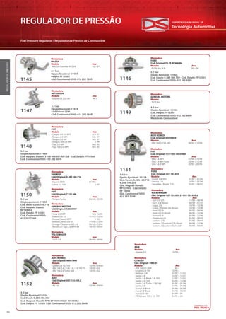 Tecnologia Automotiva
EXPORTADORA MUNDIAL DE
46
REGULADOR DE PRESSÃO
Fuel Pressure Regulator / Regulador de Presión de Combustible
REGULADORDEPRESSÃO
2.7 bar
Opção Ajustável: 1146A
Cód. Bosch: 0 280 160 739 - Cód. Delphi: FP10361
Cód. Continental/VDO: 412 202 055R
3.5 bar
Opção Ajustável: 1147A
Cód Denso: 1291
Cód. Continental/VDO: 412 202 165R
1146
1147
Montadora
FORD
Cód. Original: F5-TE-9C968-BA
Modelo Ano
· F1000 6cc 4.9i 95 > 98
Montadora
MITSUBISHI
Modelo Ano
· Eclipse GS 2.0 16V 94 >
3.0 bar
Opção Ajustável: 1148A
Cód. Magneti Marelli: 3 180 006 501/RP1 3B - Cód. Delphi: FP10360
Cód. Continental/VDO: 412 202 501R
4.2 bar
Opção Ajustável: 1149A
Cód. Delphi: FP10359
Cód. Continental/VDO: 412 202 060R
Módulo de Combustível
1148
1149
Montadora
FIAT
Modelo Ano
· Coupé 16V 2.0 MPI 95 > 97
· Tempra 2.0 MPI 94 > 97
· Tempra 2.0 SPI 94 > 97
· Tempra 16V 2.0 MPI > 94
· Tipo 2.0 MPI 94 > 95
· Tipo 16V 2.0 MPI 94 > 95
Montadora
GENERAL MOTORS
Modelo
· SS10 6cc
3.0 bar
Opção ajustável: 1150A
Cód. Bosh: 0.280.160.716
Cód. Magneti Marelli:
RP128002
Cód. Delphi: FP 10301
Cód. Continental/VDO:
412.202.716R
1150
Montadora
GENERAL MOTORS
Cód. Original: 52255307
Modelo Ano
· Astra 2.0 MPFI 92 > 12/96
· Kadett GSI 2.0 11/91 > 12/95
· Monza Classic MPFI > 92
· Monza Classic 500 EF 11/89 > 12/93
· Omega / Suprema GLS 2.0 09/92 > 12/95
· Vectra CD / GLS 2.0 MPFI 8V 10/93 > 03/97
Montadora
DAEWOO
Cód. Original: 0.280.160.716
Modelo Ano
· Espero 2000i 01/95 >
· Lanos 1.6 16V > 97
Montadora
VOLKSWAGEN
Modelo Ano
· Gol II 2.0i 09/94 > 09/96
Montadora
FIAT
Cód. Original: 7 720 388
Modelo Ano
· Tempra Turbo 04/94 > 05/98
3.0 bar
Opção Ajustável: 1151A
Cód. Bosch: 0.280.160.710
0.280.160.235
Cód. Magneti Marelli:
RP127002 - Cód. Delphi:
FP 10302
Cód. Continental/VDO:
412.202.710R
1151
Montadora
ALFA ROMEO
Cód. Original: 60559664
Modelo Ano
· Alfa 164 3.0 V6 24V 09/92 > 10/98
Montadora
FIAT
Cód. Original: 7721130/ 60559664
Modelo Ano
· Elba 1.6 MPI 07/94 > 10/94
· Uno 1.4 MPI Turbo 03/94 > 12/95
· Uno 1.6 R MPI 05/93 > 09/94
Montadora
FORD
Cód. Original: 027.133.035
Modelo Ano
· Escort 2.0i XR3 01/92 > 01/94
· Verona 2.0i 10/93 > 05/94
· Versailles / Royale 2.0i 03/91 > 08/93
Montadora
VOLKSWAGEN
Cód. Original: 027.133.035.2 / 037.133.035.2
Modelo Ano
· Gol I 2.0 GTI 11/88 > 08/94
· Gol II 2.0i Álcool 09/94 > 01/97
· Logus 2.0i 10/94 > 12/96
· Logus / Pointer 2.0i Álcool 10/94 > 12/96
· Parati II 2.0i 08/95 > 09/96
· Parati II 2.0i Álcool 08/95 > 12/96
· Pointer 2.0i 05/94 > 12/96
· Quantum 2.0i 01/92 > 08/93
· Santana 2.0i 01/90 > 08/93
· Santana / Quantum 2.0i Álcool 09/94 > 12/96
· Santana / Quantum/Gol II 2.0i 09/93 > 09/96
3.0 bar
Opção Ajustável: 1152A
Cód Bosch: 0.280.160.560
Cód. Magneti Marelli: RPM 67 40414502 / 40413002
Cód. Delphi: FP 10303 Cód. Continental/VDO: 412.202.560R
1152
Montadora
AUDI
Cód. Original: 037.133.035.C
Modelo Ano
· A3 1.8 05/99 > 09/06
Montadora
ALFA ROMEO
Cód. Original: 46457494
Modelo Ano
· Spider 2.0 T.S. 16V 10/95 > 09/00
· Alfa 146 1.4 / 1.6 / 1.8 / 2.0 16V TS 10/95 > 02
· Alfa 166 2.0 Turbo 16V 10/95 > 02
Montadora
ASIA
Modelo Ano
· Towner 0.8 10/98 >
Montadora
CITROËN
Cód. Original: 1985.05
Modelo Ano
· ATX 1.4 GTI / XM 92 >
· Evasion 2.0 16V 10/98 >
· Berlingo 1.8i 03/97 > 11/02
· Xantia 1.8i 10/97 > 12/01
· Xantia 1.8i Break 1.8i 16V 12/97 > 12/01
· Xantia 2.0i 16V 03/93 > 12/98
· Xantia 2.0i Turbo / 1.8i 16V 05/95 > 01/98
· Xantia 3.0i 10/96 > 01/98
· Xsara 1.4i Break 04/98 > 05/98
· Xsara 1.8i Break 04/98 > 08/00
· Xsara 2.0 16V 07/99 > 00
· ZX Volcane 1.9 i / 2.0 16V 03/91 > 04
CONTINUA NA
PRÓX. PÁGINA
2.7 bar
Opção Ajustável: 1145A
Delphi: FP10362
Cód. Continental/VDO: 412 202 185R1145
Montadora
MAZDA
Modelo Ano
· MAZDA Precidia MX3 V6 92 > 97
 