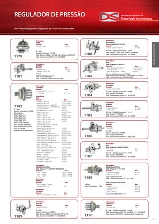Tecnologia Automotiva
EXPORTADORA MUNDIAL DE
51
REGULADOR DE PRESSÃO
Fuel Pressure Regulator / Regulador de Presión de Combustible
REGULADORDEPRESSÃO3.0 bar - Opção Ajustável: 1187A
Cód. Delphi: FP10346
Cód. Continental/VDO: 412 202 150R1187
Montadora
KIA
Cód. Original: 0.K08A.13280.A
Modelo Ano
· Sportage 00 >
3.0 bar
Opção Ajustável: 1189A
Cód. Denso: 2690 - Cód. Delphi: FP10348
Cód. Continental/VDO: 412 202 690R
1189
Montadora
SUZUKI
Modelo Ano
· Baleno 1.6 16V 95 >
2.7 bar
Opção Ajustável: 1179A
Cód. Bosch: 0.280.160.736 - Cód. Delphi: FP10339
Cód. Continental/VDO: 412 202 736R1179
Montadora
FORD
Modelo Ano
· Taurus 3.0 V6 94 > 97
3.0 bar - Opção Ajustável: 1180A
Cód. Denso: 1382 - Cód. Delphi: FP10340
Cód. Continental/VDO: 412 202 095R1180
Montadora
MITSUBISHI
Cód. Original: MD 124 64T
Modelo Ano
· Eclipse GS 2.0 16V turbo 92 > 93
2.7 bar
Opção Ajustável: 1181A
Cód. Delphi: FP10341
Cód. Continental/VDO: 412 202 090R
3.0 bar - Opção Ajustável: 1182A
Cód. Bosch: 0.280.160.586 - Cód. Delphi: FP 10330
Cód. Continental/VDO: 412 202 586R1181 1182
Montadora
SUBARU
Modelo Ano
· Impreza 1.8L 93 > 95
· Impreza 2.0 GL 16V > 97
Montadora
FIAT
Cód. Original: 50 008 415
Modelo Ano
· Elba / Elba Weekend 1.6 ie 12/95 > 05/97
· Tipo 1.6 8V MPI 12/95 > 05/97
· Uno / Pick-up Uno 1.6 MPI 08/94 >
3.5 bar
Opção Ajustável: 1153A
Cód Bosch:
F.000.DR0.214
F.000.DR0.221
F.000.DR0.208
F.000.DR0.283
Short code: RPM85
Cód. Delphi: FP10342
Cód. Continental/VDO:
412.202.214R
Módulo de Combustível
1183
Montadora
GENERAL MOTORS
Cód. Original: 93.298.257 / 93.305.850
Modelo Ano
· Celta 1.0 MPFI 08/00 > 12/02
· Celta 1.0 VHC 10/02 > 03/06
· Celta 1.4 MPFI 08/03 > 03/06
Montadora
RENAULT
Modelo Ano
· Clio / Megane / Scenic /
Twingo Motor 16V 00 >
Montadora
CITROËN
Modelo Ano
· Picasso 2.0 / C3 1.4 / 1.6 /
C3 1.6 Flex 01 > 05
Montadora
FIAT
Modelo Ano
· Doblò 1.3 MPI 16V 11/01 > 01/06
· Doblò 1.6 MPI 16V 11/01 > 08/03
· Doblò / Adventure 1.8 MPI 8V 09/03 > 01/06
· Doblò / Adventure 1.8 MPI 8V Flex 02/06 >
· Idea 1.4 / 1.8 Flex 09/05 >
· Idea Adventure 1.8 Flex 08/06 >
· Palio 1.0 MPI 16V 08/00 > 02/03
· Palio 1.0 MPI 8V 03/00 >
· Palio 1.3 MPI 8V 09/02 > 10/03
· Palio 1.3 MPI 8V Flex 11/03 > 05/05
· Palio 1.0 MPI 8V Flex / Fire 08/05 >
· Palio 1.4 MPI 8V Flex 06/05 >
· Palio 1.8 MPI 8V Flex /
Palio Weekend 1.3 / 1.8 MPI 8V
Flex / Palio Weekend
Adventure 1.8 MPI 8V Flex 03/04 >
· Palio 1.8R MPI 8V Flex 12/05 >
· Palio Fire 1.0 MPI 8V 06/02 > 02/05
· Palio Weekend 1.0 MPI 16V 09/00 > 02/03
· Palio Weekend / Siena 1.3 MPI 8V 09/02 > 02/04
· Palio / Siena 1.0 MPI 8V Flex 08/05 >
· Palio / Siena 1.4 MPI 8V Flex 06/05 >
· Palio / Siena Fire 1.0 MPI Flex 03/05 >
· Palio/ Weekend/ Siena 1.8 MPI 8V 02/03 > 02/04
· Siena 1.0 MPI 8V 03/04 > 07/05
· Siena 1.0/1.3 MPI 16V /
Palio / Weekend 1.3 MPI 16V 03/00 > 02/03
· Siena 1.3/1.8 MPI 8V Flex 03/04 >
· Siena 1.4 MPI 8V Tetrafuel 08/06 >
· Siena Fire 1.0 MPI 8V 03/02 >
· Strada 1.3 MPI 8V 09/02 > 05/05
· Strada 1.8 MPI 8V 01/03 > 05/04
· Strada/Adventure 1.8 MPI 8V Flex 06/04 >
· Uno Mille 1.0 MPI 06/01 >
· Uno Mille 1.0 MPI Flex 03/05 >
Montadora
PEUGEOT
Modelo Ano
· 206 1.0 / 1.4 / 1.6 8V / 1.6 16V 98 >
3.0 bar - Opção Ajustável: 1184A
Cód. Delphi: FP10343
Cód. Continental/VDO: 412 202 035R1184
Montadora
HYUNDAI
Modelo Ano
· Elantra / Accent 1.5 95 > 98
3.0 bar - Opção Ajustável: 1181A
Cód. Delphi: FP10344
Cód. Continental/VDO: 412 202 070R1185
Montadora
SUBARU
Modelo Ano
· Legacy 2.2 Turbo 91 > 94
· Legacy 2.2L 90 > 95
2.7 bar
Opção Ajustável: 1186A
Cód. Delphi: FP10345
Cód. Continental/VDO: 412 202 110R1186
Montadora
SUZUKI
Modelo
· Vitara 8V
Cód. Delphi: FP10347
Cód. Continental/VDO: 412 202 410R
Cód. Delphi: FP10003-11B1
3.0 bar
Opção Ajustável: 1188A
1188
Montadora
GENERAL MOTORS
Cód. Original: 17.091.410
Modelo Ano
· Corsa 1.6 16V MPFI 95 > 01
· Tigra 1.6 16V MPFI 98 >
Cód.: 17107010/17107485
Modelo Ano
· Skylark 92 > 98
· Cadillac Deville 90 > 95
· Eldorado 90 > 93
· Buick Century 93 > 96
3.5 bar - Opção Ajustável: 1190A
Cód. Continental/VDO: 96 624 013 / 412 202 065R
Cód. Delphi: FP10349 - Módulo de Combustível
1190
Montadora
PEUGEOT
Modelo Ano
· 307 1.6 16V 02 >
 