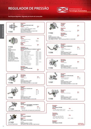 Tecnologia Automotiva
EXPORTADORA MUNDIAL DE
52
REGULADOR DE PRESSÃO
Fuel Pressure Regulator / Regulador de Presión de Combustible
REGULADORDEPRESSÃO
Montadora
GENERAL MOTORS
Cód. Original: 93 300 564 / 93 308 886 / 93 328 341
Modelo Ano
· Blazer 2.4 MPFI Flexpower 02/07 >
· Celta 1.0 VHC Flexpower 06/05 > 03/06
· Corsa / Sedan 1.0 VHC 02/02 > 04/05
· Corsa / Sedan 1.8 MPFI 02/02 > 05/03
· Corsa / Sedan 1.8 MPFI Flexpower 06/03 > 04/05
· Meriva 1.8 MPFI 8V 08/02 > 04/05
· Meriva 1.8 MPFI Flexpower 11/03 > 04/05
· Meriva 1.8 SFI 16V 08/02 > 12/03
· Montana 1.8 MPFI Flexpower 09/03 > 04/05
· Prisma 1.4 Econoflex 10/06 >
· S10 2.4 MPFI Flexpower 02/07 >
· Vectra 2.0 Flexpower 10/05 > 09/06
· Vectra 2.4 16V Flexpower 10/05 >
· Vectra Hatch 2.0 Flexpower 09/07 >
· Zafira 2.0 MPFI Flexpower 03/04 >
Montadora
FIAT
Modelo Ano
· Stilo 1.8 MPI 8V/16V/Stilo
2.4 MPI 20V 06/02 >
· Stilo 1.8 MPI 8V Flex 10/05 >
Montadora
FORD
Modelo Ano
· Focus / Ecosport 2.0 Duratec 05 >
Montadora
MERCEDES-BENZ
Cód. Original: 2970 600 3800
Modelo Ano
· B200 turbo 08 >
4.5 bar - Opção Ajustável: 1191A
Cód. Delphi: FP10350
Cód. Continental/VDO: 412 202 375R
Módulo de Combustível1191
Montadora
FORD
Cód. Original: F87U.9C375.AB
Modelo Ano
· Ranger 2.5 / 4.0 V6 98 >
3.5 bar
Opção Ajustável: 1152A
Cód. Magneti Marelli: RPM78
Cód. Delphi: FP10351 - Cód. Continental/VDO: 412 202 078R
1192
Montadora
CITROËN
Modelo Ano
· Xsara 16V 01 >
Montadora
FORD
Modelo Ano
· Fiesta / EcoSport 1.6 Flex 04 >
Montadora
VOLKSWAGEN
Modelo Ano
· Parati 1.8 Flex 06 >
3.8 bar
Opção Ajustável:
1153A
Cód. Bosch:
F 000 DR0 215
F 000 DR0 216
F 000 DR0 217
F 000 DR0 218
Cód. Delphi: FP10352
Cód. Continental/VDO:
412 202 010R
Módulo de Combustível
1193
3.0 bar
Opção Ajustável:1194A
Cód. Delphi: FP10353
Cód. Continental/VDO: 412 202 020R
1194
Montadora
SUBARU
Cód. Original: 22668AA020
Modelo Ano
· Legacy 1.8 92 > 95
· Legacy 1.8 Monoponto 92 > 93
3.6 bar
Opção Ajustável: 1196A
Cód. Delphi: FP10355
Cód. Continental/VDO: 412 202 200R
3.0 bar
Opção Ajustável: 1197A
Cód. Delphi: FP10356
Cód. Continental/VDO: 412 202 120R
3.0 bar
Opção Ajustável: 1195A
Cód. Delphi: FP10354
Cód. Continental/VDO: 412 202 190R
3.0 bar
Opção Ajustável: 1198A
Cód. Delphi: FP10357
Cód. Continental/VDO: 412 202 105R
1196 1197
1195
1198
Montadora
MITSUBISHI
Modelo Ano
· Gallant V6 2.0 94 > 95
Montadora
HONDA
Cód. Original: 16740-P2K-003
Modelo Ano
· Civic EX Automático 96 > 00
· Civic EX Mecânico 97 > 00
Montadora
MITSUBISHI
Modelo Ano
· GSX Aspirado 95 >
Montadora
HONDA
Cód. Original: 16740-P05-A01
Modelo Ano
· Civic EX 1.6 92 > 95
· Civic VTI 93 > 98
· Civic LX 93 > 95
· Civic DX 93 > 94
· Civic SI 94 >
Montadora
HONDA
Modelo Ano
· Civic LSI 4cc 16V 2 Bicos 93 >
3.0 bar
Opção Ajustável: 1199A
Cód. Delphi: FP10358
Cód. Continental/VDO: 412 202 155R1199
Montadora
NISSAN
Cód. Original: 226754W000 / 226754W010
226754W01A
Modelo Ano
· Infiniti Qx4 01 > 03
· Pathfinder 01 > 04
Amortecedor de Impulso de Combustível
11100
2.5 bar
Opção Ajustável: 11101A
Cód. Bosch: 0 280 160 200 / 0 280 160 201
11101
Somente Exportação
Montadora
CITROËN
Cód. Original: 5470286
Modelo Ano
· CX I (MA) 2400 Gti 96Kw 131CV/
2347cc/Gti 94Kw 128CV 2347cc 06/77 > 06/82
Montadora
LAND ROVER
Modelo Ano
· Range rover I (AE, AN, HAA
HAB, HAM, HBM, RE, RN) 3.5
Vogue 120Kw 163CV 3528cc 10/85 > 09/89
Montadora
AUDI
Cód. Original: 22906035
CONTINUA NA
PRÓX. PÁGINA
11100
11101
Somente Exportação
Cód. Kyosan: 024000-5200
Montadora
BMW
Cód. Original: 13531460451
Montadora
PEUGEOT
Cód. Original: 5470286
 