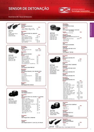 Tecnologia Automotiva
EXPORTADORA MUNDIAL DE
7
SENSOR DE DETONAÇÃO
Knock Sensor (KS) / Sensor de Detonación
Montadora
DAEWOO
Cód. Original: 96 253 615
Modelo Ano
Montadora
FIAT
Cód. Original: 60 592 752 / 60810791
Modelo Ano
Montadora
ALFA ROMEO
Modelo Ano
Montadora
FIAT
Cód. Original: 46552951
Modelo Ano
Montadora
SMART
Cód. Original: 005 153 60 28
Montadora
PORSCHE
Cód. Original: 996 606 121 00 / 996 606 125 00
Modelo Ano
Montadora
HONDA
Cód. Original: 30530-PWE-G01
Montadora
FIAT
Cód. Original: 55 186 669 / 46 552 951
55 187 820
Modelo Ano
Montadora
ALFA ROMEO
Cód. Original: 55 187 820
Montadora
OPEL
Cód. Original: 024420696
Montadora
FORD
Cód. Original: YM21-12A699-BA
Montadora
PORSCHE
Cód. Original: 955 606 125 00
Montadora
SEAT
Cód. Original: 030 905 377C
Montadora
SKODA
Cód. Original: 030 905 377C
Montadora
PORSCHE
Cód. Original: 997 606 121 00
Montadora
SCANIA
Cód. Original: 1 789 360
Montadora
GENERAL MOTORS
Cód. Original: 90 543 510 / 93 177 171
Modelo Ano
Montadora
AUDI
Cód. Original: 030 905 377C
Modelo Ano
Montadora
VOLKSWAGEN
Cód. Original: 030 905 377C
Modelo Ano
2111
3 VIAS
Comp. Cabo: 43 cm
Cód. Bosch:
0.261.231.095
· Lanos / Saloon 1.4 8V / 1.6 16V 97>
· Nubira / Saloon / Wagon 1.6 16V 97>
· Elba 1.6 MPI 8V 94>
· Fiorino / Uno 1.6 MPI 8V 95>96
· Marea/ Weekend 2.0i 20V 05/98>
· Marea/ Weekend 2.0i 20V
(Turbo) 05/98>
· Tempra 2.0 MPI 8V Turbo 95>98
· Tipo 1.6 MPI 8V 96>97
2112
2113
2114
2 VIAS / sem cabo
Cód. Bosch:
0.261.231.176
0.261.231.173
0.261.231.187
2 VIAS / sem cabo
Cód. Bosch:
0.261.231.148
0.261.231.120
2 VIAS / sem cabo
Cód. Bosch:
0.261.231.146
Cód. Siemens / VDO:
330 001 002R
Cód. Siemens:
S107646001Z
Montadora
FORD
Montadora
AUDI
Cód. Original: 030 905 377C
Modelo
· Astra 2.0 MPFI Flex Power 04/04>
· Vectra 2.4 16V
· Corsa 1.8 Flex
· Palio/ Siena 1.8 HLX Flex
· Alfa 156 SW 2.0 JTS 16V 01/02>12/05
· GT 2.0 JTS 10/03>12/05
· Brava 1.6 16V MPI 02>
· Palio1.0/ 1.3 16V 00>
· Palio 1.6 16V MPI Fire 01>
· Palio Weekend 1.0/ 1.3 16V Fire 00>
· Siena 1.0/ 1.3 16V 00>
· Strada 1.3 16V Fire 00>
· Uno 1.0 8V MPI Fire 02>
· Uno Furgoneta 2P 1.3 8V MPI Fire 04>
· 911 3.6 GT2 06/01>
· 911 3.6 GT3 03/99>
· 911 3.6 Turbo Coupe 4x4 06/00>
· Boxster 2.5 10/96>08/99
· Boxster 2.7 09/02>08/04
· Boxster 3.2 S 09/99>08/04
· Cayenne 4.5 S 09/02>01/07
· Cayenne 4.5 Turbo 09/02>01/07
· A3 1.6 02>05
· A3 1.8 20V Turbo 00>05
· Bora 09/02>12/09
· Bora 1.8 8V 01/98>12/01
· Fox 1.6L Total Flex 03>
· Gol 1.0 16V / 1.0 8V / 2.0 8V 08/01>12/04
· Gol 1.6 8V/ 1.8 8V 01/02>12/07
· Golf 1.6 8V / 1.8 8V / 2.0 8V 01/99>12/09
· Golf A4 1.6L / 1.8L / 2.0L 01>
· Golf A4 2.8L 24V 01>
· Golf A4 / Polo 1.6L Total Flex 02>
· Parati 1.0 MI AT 16V EFI 01>02
· Parati / Saveiro 1.6 8V/ 1.8 8V 01/02>12/07
· Passat 1.8 8V/ Variant 2.0 8V 01/94>12/97
· Passat 2.0 16V FSI 05>
· Passat 2.0L 05>
· Polo 1.6 8V 05/02>02/06
· Polo Sedan 11/02>12/09
· Touareg 3.2L 24V VR6 (6 cil.) 05>
SENSORDEDETONAÇÃO
2115
2 VIAS / sem cabo
Cód. NTK: KNE11
Cód. NTK: KNE21
· Brava 1.6 16V (MPI) 02>
· Fiorino / Palio 1.3 MPI 8V Fire 03>
· Palio / Siena 1.0 / 1.3 16V Fire 00>
· Palio 1.0 8V/ 16V (MPI - Fire) 01>04
· Palio 1.6 16V MPI Fire 01>
· Palio Weekend 1.0/ 1.3 16V (Fire) 03/00>
· Siena 1.3 MPI 8V Fire 03>04
· Siena 1.6 MPI 16V Fire 00>
· Strada 1.3 MPI 8V (Fire) 03>05
· Strada 1.3 16V (Fire) 00>
· Strada 1.6 MPI 16V 00>02
· Uno 1.0 8V (MPI - Fire) 02>
· Uno Furgoneta 2P 1.3 8V
(MPI - Fire) 03>04
Montadora
FIAT
Cód. Original: 46 815 152 / 46 538 111 / 55 190 562
Modelo Ano
Montadora
ALFA ROMEO
Cód. Original: 46 538 111
Montadora
FORD
Cód. Original: 9S51-12A699-AB
Montadora
LANCIA
Cód. Original: 46 538 111 / 6 815 152 / 55 190 562
2116
2117
2 VIAS / sem cabo
Cód. Siemens / VDO:
330 001 003R
2 VIAS
Comp. Cabo: 40 cm Cód. Delphi: AS10139
Montadora
FORD
Cód. Original: 1N1A 12A699 AA
Modelo Ano
Montadora
GENERAL MOTORS
Cód. Original: 10456240
Modelo Ano
Montadora
JAGUAR
Cód. Original: JD6 1212
Montadora
LAND ROVER
Cód. Original: LR008877
· EcoSport 1.6 02>
· Focus 1.8 03>
· Fiesta 1.0/ 1.6 04>
· Astra / Celta 03>
· Tigra 98>
· Corsa 94>
 