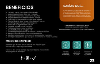 BENEFICIOS
MODO DE EMPLEO:
La mejor fuente de colágeno hidrolizado.
Mejora la elasticidad de la piel y cabello.
Mejora la resistencia y crecimiento de uñas.
Mejora la absorción de calcio en los huesos.
Promueve la correcta circulación de la sangre.
Fuente ideal de fibra, lo que evita el estreñimiento.
Ideal en programas para bajar de peso.
Promueve la regeneración celular.
Previene problemas del corazón.
Fortalece el sistema inmunológico.
Excelente fuente de omega 3 y 6.
Excelente para problemas de várices y mala circulación.
Ideal para tratamientos de artritis/osteoartritis.
Ideal para deportistas, promueve la recuperación muscular.
Ideal para deportistas que busquen el aumento de masa muscular.
Mezcle 15 grs de Kowi en un vaso de 250 ml, con agua
natural fría o y agite vigorosamente.
Hacer 1 o dos tomas diarias, dependerá de las necesidades
de colágeno en el cuerpo.
ALIMÉNTATE SANAMENTE / ESTOS PRODUCTOS NO SON MEDICAMENTOS.
COME SANAMENTE / CONSULTA A TU MÉDICO
CONSÉRVESE EN UN LUGAR SECO Y FRESCO
FUENTE DE
COLÁGENO
HIDROLIZADO
MEJORA LA
ELASTICIDAD
DE LA PIEL
ABSORCIÓN DE
CALCIO EN
LOS HUESOS
SABÍAS QUE...
El kiwi, debido a su alto nivel de vitamina C,
es un alimento fantástico para mantener
el sistema inmune fuerte, sobre todo para
aquellas personas que han salido de una
operación o se encuentran convalecientes.
23
 