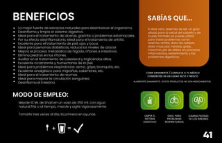 ALIMÉNTATE SANAMENTE / ESTOS PRODUCTOS NO SON MEDICAMENTOS.
COME SANAMENTE / CONSULTA A TU MÉDICO
CONSÉRVESE EN UN LUGAR SECO Y FRESCO
BENEFICIOS
MODO DE EMPLEO:
+ =
La mejor fuente de extractos naturales para desintoxicar el organismo.
Desinflama y limpia el sistema digestivo.
Ideal para el tratamiento de úlceras, gastritis o problemas estomacales.
Por su efecto desinflamatorio, ideal para el tratamiento de artritis.
Excelente para el tratamiento de piel, ojos y boca.
Ideal para personas diabéticas, reduce los niveles de azúcar.
Mejora el proceso metabólico de hígado, riñones e intestinos.
Elimina piedras en los riñones.
Auxiliar en el tratamiento de colesterol y triglicéridos altos.
Excelente cicatrizante y humectante de la piel.
Ideal para problemas respiratorios: asma, gripa, bronquitis, etc.
Excelente analgésico para migrañas, calambres, etc.
Ideal para el tratamiento de reumas.
Ideal para mejorar la circulación sanguínea.
Desinflama el intestino.
LIMPIA EL
SISTEMA
DIGESTIVO
IDEAL PARA
PROBLEMAS
RESPIRATORIOS
ELIMINA PIEDRAS
DE LOS RIÑONES
Mezcle 10 ML de Shatí en un vaso de 250 ml. con agua
natural fría o al tiempo, mezcle y agite vigorosamente.
Tomarlo tres veces al día, la primera en ayunas.
SABÍAS QUE...
El Aloe vera, además de ser un gran
aliado para la salud del cabello y de
la piel, también se puede utilizar
para tratar problemas como
anemia, artritis, dolor de cabeza,
dolor muscular, heridas, gripe,
insomnio, pie de atleta, en procesos
inflamatorios, estreñimiento y los
problemas digestivos.
41
 