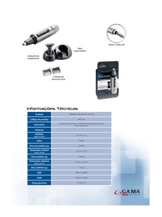 Produto                        TRIMMER GA.MA MODELO GNT 530

Código de produto                                AMC1487

                       2 pentes de altura corte, 2 cabeçotes de acabamento, 1 pincel,
    Acessórios                              1 base organizadora.

     Potência                                        -

     Medidas                                  14 x 3,5 x 3 cm
    (cm) L x A x P

       Cabo                                       À pilha

Peso do produto (kg)                             0,069 kg

Dimensões unitária                            13 x 22 x 7,5 cm
    (cm) L x A x P

 Peso unitário (kg)                              0,199 kg

Dimensões coletivas                          23 x 29 x 22,5 cm
    (cm) L x A x P

 Peso coletivo (kg)                               1,52 kg

        EAN                                   8023277100480

       DUN                                   18023277100487

  Chave genérica                                M GNT 530
 
