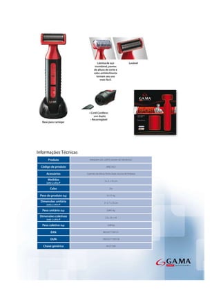 Informações Técnicas
      Produto              MAQUINA DE CORTE GA.MA GR 500 BIVOLT

  Código de produto                         AMC1421

     Acessórios         3 pentes de altura, fonte, base, escova de limpeza

      Medidas                             5 x 3 x 16 cm
     (cm) L x A x P

        Cabo                                   2m

 Peso do produto (kg)                       0,121 kg

 Dimensões unitária                      21 x 7 x 23 cm
     (cm) L x A x P

  Peso unitário (kg)                        0,441 kg

 Dimensões coletivas                       23 x 24 x 44
     (cm) L x A x P

  Peso coletivo (kg)                         3,08 kg

         EAN                            8023277100121

        DUN                             18023277100128

   Chave genérica                           M GT 500
 