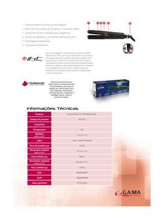 Produto           Prancha GA.MA IHT TOURMALINE WIDE

Código de produto                   APP1339

    Acessórios                          -

   Temperatura                        230°

     Medidas                     3 x 3,5 x 27 cm
    (cm) L x A x P

       Cabo                 1,90m - Rotativo/ redondo

Peso do produto (kg)                 0,43 kg

Dimensões unitária               4 x 33 x 11 cm
    (cm) L x A x P

 Peso unitário (kg)                  0,64 kg

Dimensões coletivas              36 x 36 x 13 cm
    (cm) L x A x P

 Peso coletivo (kg)                  15,4 kg

        EAN                     7898922659467

       DUN                      17898922659464

  Chave genérica                 I IHT DT Ancha
 