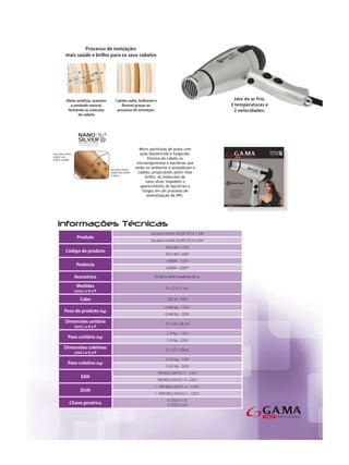 Processo de ionização:
mais saúde e brilho para os seus cabelos




 Efeito antifrizz, mantém
    a umidade natural,
  fechando as cutículas
         do cabelo




                                     Secador GA.MA SILVER TECH 110V
       Produto
                                     Secador GA.MA SILVER TECH 220V
                                                ASS1463 -110V
Código de produto
                                                ASS1464 -220V
                                                1900W - 110 V
      Potência
                                                2300W - 220V*

     Acessórios                        02 Bicos direcionadores de ar

       Medidas                                  9 x 22 x 21 cm
     (cm) L x A x P

         Cabo                                    2,85 m - FIXO

                                                0,948 Kg - 110 V
Peso do produto (kg)
                                                0,948 Kg - 220V
Dimensões unitária                              10 x 28 x 28 cm
     (cm) L x A x P
                                                1,19 kg - 110 V
 Peso unitário (kg)
                                                 1,19 kg - 220V
Dimensões coletivas                             32 x 57 x 30cm
     (cm) L x A x P
                                                12,42 kg - 110V
 Peso coletivo (kg)
                                                12,42 kg - 220V
                                           789 8922 659 91-7 - 110 V
         EAN
                                           789 8922 659 92- 4 - 220 V
                                       1 789 8922 659 91- 4 - 110 V
         DUN
                                       1 7899 8922 659 92-1 - 220 V
                                                 H STECH 110
  Chave genérica                                 H STECH 220
 