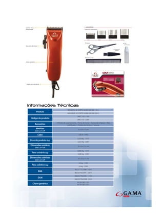MAQUINA DE CORTE GA.MA GM 580 110 V.
     Produto
                                     MAQUINA DE CORTE GA.MA GM 580 220 V.
                                                  AMC1120 -110V
Código de produto
                                                  AMC1121 -220V
                       4 Pentes de Levantamento, 1 Pente de Corte, 1 Escova de Limpeza, 1 Óleo
    Acessórios                       Lubriﬁcante, 1 Protetor de LâmIna, 1 Tesoura.
     Medidas                                       5 x 3,5 x 17 cm
    (cm) L x A x P

       Cabo                                        1,80 m - FIXO

                                                  0,324 Kg - 110 V
Peso do produto (kg)
                                                  0,324 Kg - 220V
Dimensões unitária                                15 x 6 x 21,5 cm
    (cm) L x A x P
                                                  0,585 Kg - 110 V
 Peso unitário (kg)
                                                  0,585 kg - 220V
Dimensões coletivas                               24 x 22 x 31 cm
    (cm) L x A x P
                                                    3,9 kg - 110V
 Peso coletivo (kg)
                                                    3,9 kg - 220V
                                               8023277022584 - 110 V
        EAN
                                               8023277022591 - 220 V
                                              18023277022581 - 110 V
       DUN
                                              18023277022598 - 220 V
                                                  M GM 580 110 V
  Chave genérica                                  M GM 580 220 V
 