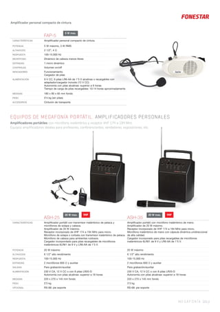MEGAFONÍA 101 |
EQUIPOS DE MEGAFONÍA PORTÁTIL. AMPLIFICADORES PERSONALES
Amplificadores portátiles con micrófono inalámbrico y receptor VHF 174 a 194 MHz.
Equipos amplificadores ideales para profesores, conferenciantes, vendedores, exposiciones, etc.
FAP-5
CARACTERÍSTICAS Ampliﬁcador personal compacto de cintura.
POTENCIA 5 W máximo, 3 W RMS
ALTAVOCES 2 1/2”, 4 Ω
RESPUESTA 100-15.000 Hz
MICRÓFONO Dinámico de cabeza manos libres
ENTRADAS 1 micro dinámico
CONTROLES Volumen on/off
INDICADORES Funcionamiento
Cargador de pilas
ALIMENTACIÓN 9 V CC, 6 pilas LR6-AA de 1’5 V alcalinas o recargables con
adaptador/cargador incluido (12 V CC)
Autonomía con pilas alcalinas: superior a 6 horas
Tiempo de carga de pilas recargables: 10-14 horas aproximadamente
MEDIDAS 180 x 80 x 65 mm fondo
PESO 0’4 kg (sin pilas)
ACCESORIOS Cinturón de transporte
Amplificador personal compacto de cintura.
ASH-25 ASH-35
CARACTERÍSTICAS Ampliﬁcador portátil con transmisor inalámbrico de petaca y
micrófonos de solapa y cabeza.
Ampliﬁcador de 20 W máximo.
Receptor incorporado de VHF 174 a 194 MHz para micro.
Micrófono de solapa o corbata con transmisor inalámbrico de petaca.
Micrófono de cabeza para ambientes ruidosos.
Cargador incorpordado para pilas recargables de micrófonos
inalámbricos 6LR61 de 9 V y LR6-AA de 1’5 V.
Ampliﬁcador portátil con micrófono inalámbrico de mano.
Ampliﬁcador de 20 W máximo.
Receptor incorporado de VHF 174 a 194 MHz para micro.
Micrófono inalámbrico de mano con cápsula dinámica unidireccional
de alta calidad.
Cargador incorporado para pilas recargables de micrófonos
inalámbricos 6LR61 de 9 V y LR6-AA de 1’5 V.
POTENCIA 20 W máximo 20 W máximo
ALTAVOCES 6 1/2” alto rendimiento 6 1/2” alto rendimiento
RESPUESTA 100-15.000 Hz 100-15.000 Hz
ENTRADAS 2 micrófonos 600 Ω y auxiliar 2 micrófonos 600 Ω y auxiliar
SALIDAS Para grabación/auxiliar Para grabación/auxiliar
ALIMENTACIÓN 230 V CA, 12 V CC o con 8 pilas LR20-D
Autonomía con pilas alcalinas: superior a 18 horas
230 V CA, 12 V CC o con 8 pilas LR20-D
Autonomía con pilas alcalinas: superior a 18 horas
MEDIDAS 220 x 270 x 145 mm fondo 220 x 270 x 145 mm fondo
PESO 3’3 kg 3’3 kg
OPCIONAL RS-68: pie soporte RS-68: pie soporte
20 W max. 20 W max.
5 W max.
VHF VHF
 