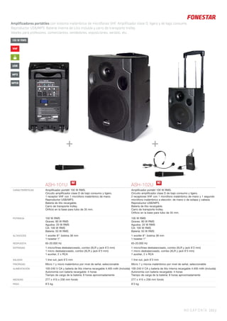 MEGAFONÍA 103 |
+ +
ASH-101U ASH-102U
CARACTERÍSTICAS Ampliﬁcador portátil 100 W RMS.
Circuito ampliﬁcador clase D de bajo consumo y ligero.
1 receptor VHF con 1 micrófono inalámbrico de mano.
Reproductor USB/MP3.
Batería de litio recargable.
Carro de transporte trolley.
Oriﬁcio en la base para tubo de 35 mm.
Ampliﬁcador portátil 100 W RMS.
Circuito ampliﬁcador clase D de bajo consumo y ligero.
2 receptores VHF con 1 micrófono inalámbrico de mano y 1 segundo
micrófono inalámbrico a elección: de mano o de solapa y cabeza.
Reproductor USB/MP3.
Batería de litio recargable.
Carro de transporte trolley.
Oriﬁcio en la base para tubo de 35 mm.
POTENCIA 100 W RMS
Graves: 80 W RMS
Agudos: 20 W RMS
CA: 100 W RMS
Batería: 50 W RMS
100 W RMS
Graves: 80 W RMS
Agudos: 20 W RMS
CA: 100 W RMS
Batería: 50 W RMS
ALTAVOCES 1 woofer 8”: bobina 38 mm
1 tweeter 1”
1 woofer 8”: bobina 38 mm
1 tweeter 1”
RESPUESTA 65-20.000 Hz 65-20.000 Hz
ENTRADAS 1 micro/línea desbalanceado, combo (XLR y jack 6’3 mm)
1 micro desbalanceado, combo (XLR y jack 6’3 mm)
1 auxiliar, 2 x RCA
1 micro/línea desbalanceado, combo (XLR y jack 6’3 mm)
1 micro desbalanceado, combo (XLR y jack 6’3 mm)
1 auxiliar, 2 x RCA
SALIDAS 1 line out, jack 6’3 mm 1 line out, jack 6’3 mm
PRIORIDAD Micro 1 y micro inalámbrico por nivel de señal, seleccionable Micro 1 y micros inalámbrico por nivel de señal, seleccionable
ALIMENTACIÓN 100-240 V CA y batería de litio interna recargable 4.400 mAh (incluida)
Autonomía con batería recargable: 4 horas
Tiempo de carga de la batería: 8 horas aproximadamente
100-240 V CA y batería de litio interna recargable 4.400 mAh (incluida)
Autonomía con batería recargable: 4 horas
Tiempo de carga de la batería: 8 horas aproximadamente
MEDIDAS 277 x 415 x 256 mm fondo 277 x 415 x 256 mm fondo
PESO 8’3 kg 8’3 kg
Amplificadores portátiles con sistema inalámbrico de micrófonos VHF. Amplificador clase D, ligero y de bajo consumo.
Reproductor USB/MP3. Batería interna de Litio incluida y carro de transporte trolley.
Ideales para profesores, comerciantes, vendedores, exposiciones, aerobic, etc.
N! N!
100 W RMS
VHF
Li
+ -
MP3
USB
MPEG
 