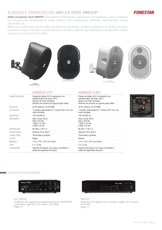 MEGAFONÍA 121 |
ALTAVOCES SONORIZACIÓN. BAFLES SERIE AMBIENT
Bafles compactos serie AMBIENT especialmente diseñada para aplicaciones de megafonía y sonido ambiental;
una solución para instalaciones en locales públicos, como restaurantes, cafeterías, supermercados, centros
comerciales, etc.
Bafles con transformador de línea 100 V, alta potencia y resistentes, excelente acabado en un tamaño compacto.
Los bafles incluyen un soporte de pared con brazo orientable y cable de seguridad de acero que permiten una fácil
instalación y orientación de los bafles.
AMBIENT-20T AMBIENT-20BT
CARACTERÍSTICAS Pareja de baﬂes Hi-Fi compactos con
transformador de línea 100 V.
Altavoz de imán blindado.
Sistema de refuerzo en graves bass reﬂex.
Pareja de baﬂes Hi-Fi compactos con
transformador de línea 100 V.
Altavoz de imán blindado.
Sistema de refuerzo en graves bass reﬂex.
POTENCIA 40 W máximo, 20 W RMS 40 W máximo, 20 W RMS
ALTAVOCES 1 woofer polipropileno 3”, bobina 20’4 mm con
imán blindado
1 woofer polipropileno 3”, bobina 20’4 mm con
imán blindado
RESPUESTA 132-20.000 Hz 132-20.000 Hz
IMPEDANCIA Alta Z línea 100 V:
500 Ω (20 W)
1.000 Ω (10 W)
2.000 Ω (5 W)
Alta Z línea 100 V:
500 Ω (20 W)
1.000 Ω (10 W)
2.000 Ω (5 W)
SENSIBILIDAD 85 dB a 1 W/1 m 85 dB a 1 W/1 m
CONMUTADOR Selector W en alta Z Selector W en alta Z
CONECTORES Terminales a presión Terminales a presión
COLOR Negro Blanco
MEDIDAS 115 x 175 x 107 mm fondo 115 x 175 x 107 mm fondo
PESO 2 x 1’2 kg 2 x 1’2 kg
ACCESORIOS Soporte de ﬁjación con brazo orientable y
cable de seguridad de acero
Soporte de ﬁjación con brazo orientable y
cable de seguridad de acero
MA-30RGU
Ampliﬁcador de megafonía con grabador/reproductor USB/SD/MP3
y sintonizador digital FM. 45 W máximo, 30 W RMS
Página 15.
MAX-62
Ampliﬁcador de megafonía con 6 entradas auxiliares. 90 W máximo,
60 W RMS
Página 17
PRODUCTOS RELACIONADOS
 