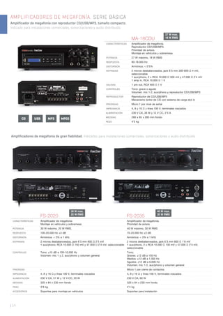 | 14
MA-18CDU
CARACTERÍSTICAS Ampliﬁcador de megafonía.
Reproductor CD/USB/MP3.
Prioridad de avisos.
Montaje en vehículos y sobremesa.
POTENCIA 27 W máximo, 18 W RMS
RESPUESTA 80-18.000 Hz
DISTORSIÓN Armónica: < 0’5%
ENTRADAS 2 micros desbalanceados, jack 6’3 mm 300-600 Ω 4 mV,
seleccionable
1 aux/phono, 2 x RCA 10.000 Ω 500 mV y 47.000 Ω 2’4 mV
1 amp in, RCA 10.000 Ω 1 V
SALIDAS 1 pre out, RCA 600 Ω 1 V
CONTROLES Tono: grave o agudo
Volumen: mic 1-2, aux/phono y reproductor CD/USB/MP3
REPRODUCTOR Reproductor de CD/USB/MP3
Mecanismo lector de CD con sistema de carga slot in
PRIORIDAD Micro 1 por nivel de señal
IMPEDANCIA 4, 8 y 16 Ω y línea 100 V, terminales roscados
ALIMENTACIÓN 230 V CA, 36 W y 12 V CC, 2’5 A
MEDIDAS 280 x 85 x 280 mm fondo
PESO 4’5 kg
FS-2020 FS-2035
CARACTERÍSTICAS Ampliﬁcador de megafonía
Montaje en vehículos y sobremesa
Ampliﬁcador de megafonía.
Prioridad de avisos.
POTENCIA 30 W máximo, 20 W RMS. 40 W máximo, 30 W RMS
RESPUESTA 100-20.000 Hz ±3 dB 70-20.000 Hz ±3 dB
DISTORSIÓN Armónica: < 3% a 1 kHz Armónica: < 3% a 1 kHz
ENTRADAS 2 micros desbalanceados, jack 6’3 mm 600 Ω 2’5 mV
1 aux/phono, RCA 10.000 Ω 150 mV y 47.000 Ω 2’4 mV, seleccionable
2 micros desbalanceados, jack 6’3 mm 600 Ω 1’8 mV
1 aux/phono, 2 x RCA 10.000 Ω 130 mV y 47.000 Ω 2’4 mV,
seleccionable
CONTROLES Tono: ±15 dB a 100-10.000 Hz
Volumen: mic 1 y 2, aux/phono y volumen general
Tono:
Graves: ±12 dB a 150 Hz
Medios: ±12 dB a 1.000 Hz
Agudos: ±12 dB a 6.000 Hz
Volumen: mic 1-2, aux/phono y volumen general
PRIORIDAD - Micro 1 por cierre de contactos
IMPEDANCIA 4, 8 y 16 Ω y línea 100 V, terminales roscados 4, 8 y 16 Ω y línea 100 V, terminales roscados
ALIMENTACIÓN 230 V CA, 51 W y 12 V CC, 20 W 230 V CA, 60 W
MEDIDAS 320 x 84 x 230 mm fondo 320 x 84 x 230 mm fondo
PESO 3’8 kg. 4’4 kg
ACCESORIOS Soportes para montaje en vehículos Soportes para instalación
AMPLIFICADORES DE MEGAFONÍA. SERIE BÁSICA
Amplificador de megafonía con reproductor CD/USB/MP3, tamaño compacto.
Indicado para instalaciones comerciales, sonorizaciones y audio distribuido.
CD USB MPEGMP3
Amplificadores de megafonía de gran fiabilidad. Indicados para instalaciones comerciales, sonorizaciones y audio distribuido.
27 W max.
18 W RMS
40 W max.
30 W RMS
30 W max.
20 W RMS
 