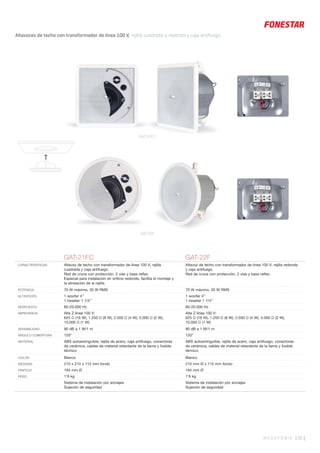 MEGAFONÍA 135 |
Altavoces de techo con transformador de línea 100 V, rejilla cuadrada o redonda y caja antifuego.
GAT-21FC GAT-22F
CARACTERÍSTICAS Altavoz de techo con transformador de línea 100 V, rejilla
cuadrada y caja antifuego.
Red de cruce con protección, 2 vías y bass reﬂex.
Especial para instalación en oriﬁcio redondo, facilita el montaje y
la alineación de la rejilla.
Altavoz de techo con transformador de línea 100 V, rejilla redonda
y caja antifuego.
Red de cruce con protección, 2 vías y bass reﬂex.
POTENCIA 70 W máximo, 35 W RMS 70 W máximo, 35 W RMS
ALTAVOCES 1 woofer 4’’
1 tweeter 1 1/4’’
1 woofer 4’’
1 tweeter 1 1/4’’
RESPUESTA 60-20.000 Hz 60-20.000 Hz
IMPEDANCIA Alta Z línea 100 V:
625 Ω (16 W), 1.250 Ω (8 W), 2.500 Ω (4 W), 5.000 Ω (2 W),
10.000 Ω (1 W)
Alta Z línea 100 V:
625 Ω (16 W), 1.250 Ω (8 W), 2.500 Ω (4 W), 5.000 Ω (2 W),
10.000 Ω (1 W)
SENSIBILIDAD 90 dB a 1 W/1 m 90 dB a 1 W/1 m
ÁNGULO COBERTURA 120° 120°
MATERIAL ABS autoextinguible, rejilla de acero, caja antifuego, conectores
de cerámica, cables de material retardante de la llama y fusible
térmico
ABS autoextinguible, rejilla de acero, caja antifuego, conectores
de cerámica, cables de material retardante de la llama y fusible
térmico
COLOR Blanco Blanco
MEDIDAS 210 x 210 x 115 mm fondo 210 mm Ø x 115 mm fondo
ORIFICIO 194 mm Ø 194 mm Ø
PESO 1’9 kg 1’8 kg
Sistema de instalación por anclajes
Sujeción de seguridad
Sistema de instalación por anclajes
Sujeción de seguridad
GAT-21FC
GAT-22F
 