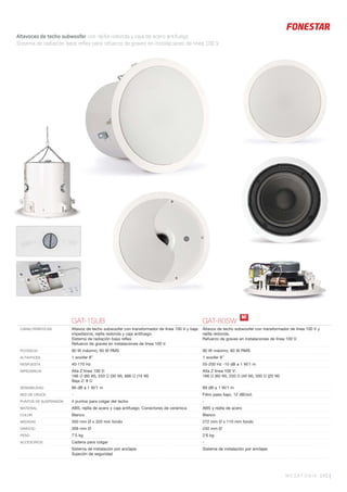 MEGAFONÍA 143 |
Altavoces de techo subwoofer con rejilla redonda y caja de acero antifuego.
Sistema de radiación bass reflex para refuerzo de graves en instalaciones de línea 100 V.
GAT-1SUB GAT-80SW
CARACTERÍSTICAS Altavoz de techo subwoofer con transformador de línea 100 V y baja
impedancia, rejilla redonda y caja antifuego.
Sistema de radiación bass reﬂex.
Refuerzo de graves en instalaciones de línea 100 V.
Altavoz de techo subwoofer con transformador de línea 100 V y
rejilla redonda.
Refuerzo de graves en instalaciones de línea 100 V.
POTENCIA 90 W máximo, 60 W RMS 90 W máximo, 60 W RMS
ALTAVOCES 1 woofer 8” 1 woofer 8’’
RESPUESTA 40-170 Hz 55-200 Hz -10 dB a 1 W/1 m
IMPEDANCIA Alta Z línea 100 V:
166 Ω (60 W), 333 Ω (30 W), 666 Ω (15 W)
Baja Z: 8 Ω
Alta Z línea 100 V:
166 Ω (60 W), 250 Ω (40 W), 500 Ω (20 W)
SENSIBILIDAD 86 dB a 1 W/1 m 89 dB a 1 W/1 m
RED DE CRUCE - Filtro paso bajo, 12 dB/oct.
PUNTOS DE SUSPENSIÓN 4 puntos para colgar del techo -
MATERIAL ABS, rejilla de acero y caja antifuego. Conectores de cerámica ABS y rejilla de acero
COLOR Blanco Blanco
MEDIDAS 350 mm Ø x 320 mm fondo 272 mm Ø x 110 mm fondo
ORIFICIO 309 mm Ø 240 mm Ø
PESO 7’5 kg 2’6 kg
ACCESORIOS Cadena para colgar -
Sistema de instalación por anclajes
Sujeción de seguridad
Sistema de instalación por anclajes
N!
 