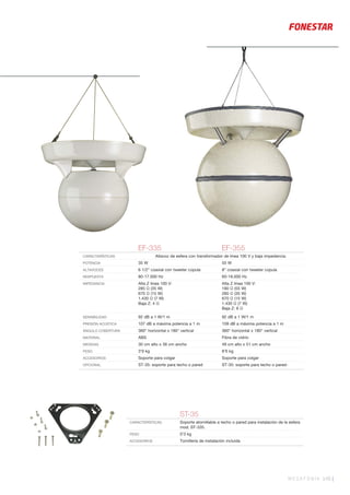 MEGAFONÍA 145 |
EF-335 EF-355
CARACTERÍSTICAS Altavoz de esfera con transformador de línea 100 V y baja impedancia.
POTENCIA 35 W 55 W
ALTAVOCES 6 1/2” coaxial con tweeter cúpula 8” coaxial con tweeter cúpula
RESPUESTA 80-17.000 Hz 60-18.000 Hz
IMPEDANCIA Alta Z línea 100 V:
285 Ω (35 W)
670 Ω (15 W)
1.430 Ω (7 W)
Baja Z: 4 Ω
Alta Z línea 100 V:
180 Ω (55 W)
285 Ω (35 W)
670 Ω (15 W)
1.430 Ω (7 W)
Baja Z: 8 Ω
SENSIBILIDAD 92 dB a 1 W/1 m 92 dB a 1 W/1 m
PRESIÓN ACÚSTICA 107 dB a máxima potencia a 1 m 109 dB a máxima potencia a 1 m
ÁNGULO COBERTURA 360° horizontal x 180° vertical 360° horizontal x 180° vertical
MATERIAL ABS Fibra de vidrio
MEDIDAS 30 cm alto x 38 cm ancho 49 cm alto x 51 cm ancho
PESO 3’9 kg 8’6 kg
ACCESORIOS Soporte para colgar Soporte para colgar
OPCIONAL ST-35: soporte para techo o pared ST-35: soporte para techo o pared-
ST-35
CARACTERÍSTICAS Soporte atornillable a techo o pared para instalación de la esfera
mod. EF-335.
PESO 0’3 kg
ACCESORIOS Tornillería de instalación incluida
 