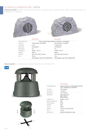 | 146
Altavoz de jardín con componentes protegidos. Resistente a la intemperie IP-66.
FR-650 FR-875
CARACTERÍSTICAS Altavoz de jardín baja impedancia. Resistente a la intemperie.
POTENCIA 100 W máximo, 50 W RMS 150 W máximo, 75 W RMS
ALTAVOCES 6 1/2” 8” doble cono
RESPUESTA 50-20.000 Hz 40-20.000 Hz
IMPEDANCIA 8 Ω 8 Ω
SENSIBILIDAD 89 dB a 1 W/1 m 90 dB a 1 W/1 m
MATERIAL Resina Resina
MEDIDAS 400 x 230 x 240 mm fondo 430 x 280 x 280 mm fondo
PESO 3’8 kg 4 kg
Para adaptar a línea 100 V CONSULTEN Para adaptar a línea 100 V CONSULTEN
FR-525T
CARACTERÍSTICAS Altavoz de jardín con transformador de línea
100 V. Resistente a la intemperie.
POTENCIA 25 W máximo
ALTAVOCES 1 woofer 5”
RESPUESTA 100-14.000 Hz
IMPEDANCIA Alta Z línea 100 V:
400 Ω (25 W)
800 Ω (12’5 W)
SENSIBILIDAD 90 dB a 1 W/1 m
ÁNGULO COBERTURA 360°
PROTECCIONES IP-66
MATERIAL ABS
COLOR Verde
MEDIDAS 310 mm Ø x 350 mm alto
PESO 3’6 kg
ACCESORIOS Soporte para ﬁjación en suelo
ALTAVOCES SONORIZACIÓN. JARDÍN
Altavoces de jardín, imitación a rocas para sonorización en jardines, parques, campos de golf, hoteles, centros comerciales, etc.
Resistentes a la intemperie.
IP-66
 