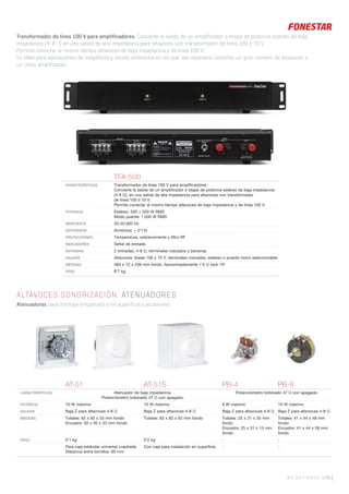 MEGAFONÍA 149 |
Transformador de línea 100 V para amplificadores. Convierte la salida de un amplificador o etapa de potencia estéreo de baja
impedancia (4-8 Ω), en una salida de alta impedancia para altavoces con transformador de línea 100 ó 70 V.
Permite conectar al mismo tiempo altavoces de baja impedancia y de línea 100 V.
Es ideal para aplicaciones de megafonía y sonido ambiental en las que sea necesario conectar un gran número de altavoces a
un único amplificador.
ALTAVOCES SONORIZACIÓN. ATENUADORES
Atenuadores para montaje empotrado o en superficie y accesorios.
TFA-500
CARACTERÍSTICAS Transformador de línea 100 V para ampliﬁcadores.
Convierte la salida de un ampliﬁcador o etapa de potencia estéreo de baja impedancia
(4-8 Ω), en una salida de alta impedancia para altavoces con transformador
de línea 100 ó 70 V.
Permite conectar al mismo tiempo altavoces de baja impedancia y de línea 100 V.
POTENCIA Estéreo: 500 + 500 W RMS
Modo puente: 1.000 W RMS
RESPUESTA 20-20.000 Hz
DISTORSIÓN Armónica: < 0’1%
PROTECCIONES Temperatura, sobrecorriente y ﬁltro RF
INDICADORES Señal de entrada
ENTRADAS 2 entradas, 4-8 Ω, terminales roscados y bananas
SALIDAS Altavoces: líneas 100 y 70 V, terminales roscados, estéreo o puente mono seleccionable
MEDIDAS 483 x 72 x 236 mm fondo. Aproximadamente 1’5 U rack 19”
PESO 8’7 kg
AT-51 AT-51S PB-4 PB-8
CARACTERÍSTICAS Atenuador de baja impedancia.
Potenciómetro bobinado 47 Ω con apagado.
Potenciómetro bobinado 47 Ω con apagado.
POTENCIA 10 W máximo 10 W máximo 6 W máximo 10 W máximo
SALIDAS Baja Z para altavoces 4-8 Ω Baja Z para altavoces 4-8 Ω Baja Z para altavoces 4-8 Ω Baja Z para altavoces 4-8 Ω
MEDIDAS Totales: 82 x 82 x 55 mm fondo
Encastre: 50 x 50 x 33 mm fondo
Totales: 82 x 82 x 62 mm fondo Totales: 25 x 31 x 35 mm
fondo
Encastre: 25 x 31 x 15 mm
fondo
Totales: 41 x 44 x 48 mm
fondo
Encastre: 41 x 44 x 28 mm
fondo
PESO 0’1 kg 0’2 kg - -
Para caja estándar universal cuadrada
Distancia entre tornillos: 60 mm
Con caja para instalación en superﬁcie - -
 