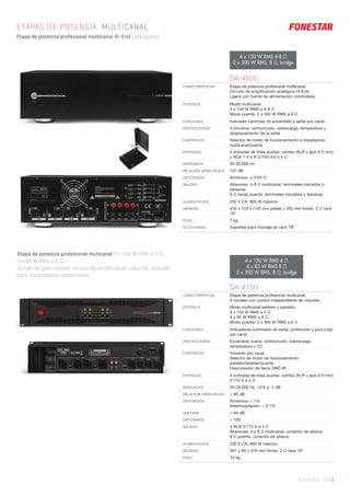 SONIDO 157 |
ETAPAS DE POTENCIA. MULTICANAL
Etapa de potencia profesional multicanal Hi-End (alta gama).
SA-4600
CARACTERÍSTICAS Etapa de potencia profesional multicanal.
Circuito de ampliﬁcación analógico Hi-End.
Ligera con fuente de alimentación conmutada.
POTENCIA Modo multicanal:
4 x 150 W RMS a 4-8 Ω
Modo puente: 2 x 300 W RMS a 8 Ω
FUNCIONES Indicador luminoso de encendido y señal por canal
PROTECCIONES 4 circuitos: cortocircuito, sobrecarga, temperatura y
desplazamiento de la señal
CONTROLES Selector de modo de funcionamiento e impedancia
multicanal/puente
ENTRADAS 4 entradas de línea auxiliar, combo (XLR y jack 6’3 mm)
y RCA 1 V a 8 Ω/750 mV a 4 Ω
RESPUESTA 20-20.000 Hz
RELACIÓN SEÑAL/RUIDO 107 dB
DISTORSIÓN Armónica: ≤ 0’04 %
SALIDAS Altavoces: 4-8 Ω multicanal, terminales roscados o
bananas
8 Ω modo puente, terminales roscados o bananas
ALIMENTACIÓN 230 V CA, 800 W máximo
MEDIDAS 435 x 133’5 (145 con patas) x 350 mm fondo. 3 U rack
19”
PESO 7 kg
ACCESORIOS Soportes para montaje en rack 19”
SA-4150
CARACTERÍSTICAS Etapa de potencia profesional multicanal.
4 canales con control independiente de volumen.
POTENCIA Modo multicanal estéreo y paralelo:
4 x 150 W RMS a 4 Ω
4 x 85 W RMS a 8 Ω
Modo puente: 2 x 300 W RMS a 8 Ω
FUNCIONES Indicadores luminosos de señal, protección y pico (clip)
por canal
PROTECCIONES Encendido suave, cortocircuito, sobrecarga,
temperatura y CC
CONTROLES Volumen por canal
Selector de modo de funcionamiento
paralelo/estéreo/puente
Desconexión de tierra GND lift
ENTRADAS 4 entradas de línea auxiliar, combo (XLR y jack 6’3 mm)
0’775 V a 4 Ω
RESPUESTA 20-20.000 Hz, +0’5 a -1 dB
RELACIÓN SEÑAL/RUIDO > 95 dB
DISTORSIÓN Armónica: < 1%
Intermodulación: < 0’1%
DIAFONÍA > 60 dB
DISTORSIÓN > 100
SALIDAS 4 RCA 0’775 V a 4 Ω
Altavoces: 4 a 8 Ω multicanal, conector de altavoz
8 Ω puente, conector de altavoz
ALIMENTACIÓN 230 V CA, 900 W máximo
MEDIDAS 481 x 89 x 316 mm fondo. 2 U rack 19”
PESO 10 kg
Etapa de potencia profesional muticanal 4 x 150 W RMS a 4 Ω,
4 x 85 W RMS a 8 Ω.
Sonido de gran calidad, circuito de amplificación clase AB. Indicado
para instalaciones comerciales.
4 x 150 W RMS 4 Ω
4 x 85 W RMS 8 Ω
2 x 300 W RMS, 8 Ω, bridge
4 x 150 W RMS 4-8 Ω
2 x 300 W RMS, 8 Ω, bridge
 