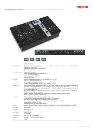 SONIDO 161 |
Mezclador estéreo profesional de 6 canales para uso DJ con reproductor USB/SD/MP3 integrado.
SM-1632U
CARACTERÍSTICAS Mezclador profesional de 8 entradas, 6 canales y 2 salidas master con controles de volumen independientes.
Reproductor USB/SD/MP3.
Indicador de compás BPM y sincronización.
Crossfader asignable.
REPRODUCTOR USB Reproduce ﬁcheros MP3
Puerto USB para conexión de memorias USB
Lector de tarjetas SD/MMC
Admite memorias hasta 32 GB
Información ID3 tag
ENTRADAS 2 micros balanceados combo (XLR y jack 6’3 mm), 600 Ω 1’5 mV
2 phono 2 x RCA, 50.000 Ω 3 mV
4 líneas 2 x RCA, 100.000 Ω 100-150 mV
2 inserts para entrada/salida de micros RCA, 10.000 Ω 775 mV
CONTROLES Micros: ganancia, ﬁltro de supresión de bajos (18 dB, 75 Hz), graves (±15 dB, 50 Hz), medios con selector de
frecuencia (±15 dB, 250-6.000 Hz), agudos (±15 dB, 12.000 Hz), PFL y volumen deslizante
Phono/línea: selector de entrada, ganancia, graves (+12, -26 dB), medios (+12, -26 dB), agudos (+12, -26 dB),
PFL y volumen deslizante
Reproductor USB/SD: avance y retroceso de canción, volumen, play/pause, graves, medios con selector de
frecuencia, PFL y volumen deslizante
Master 1: balance, volumen deslizante, estéreo/mono e indicador luminoso de nivel de salida
Master 2: balance y volumen y estéreo/mono
FUNCIONES Preescucha por auriculares PFL asignable para cada canal
Crossfader recambiable y asignable entre los canales 1, 2, 3 o apagado
Indicador de compás BPM en los canales asignados al crossfader
Indicadores luminosos de sincronización entre los canales asignados al crossfader
Ecualizador de 3 bandas por canal
Indicador luminoso de nivel de salida master 1
SALIDAS Master 1 (2 x XLR y 2 x RCA), master 2 (2 x RCA), grabación (2 x RCA), auriculares estéreo (jack 6’3 mm)
RESPUESTA 20-20.000Hz
DISTORSIÓN Armónica: 0’01%
RELACIÓN
SEÑAL/RUIDO
Micro: 60 dB
Phono: 70 dB
Línea: 80 dB
ALIMENTACIÓN 230/115 V CA, 100 W máximo
MEDIDAS 483 x 94’5 x 266 mm fondo. 6 U rack 19’’
PESO 5’8 kg
USB SD MPEGMP3
 