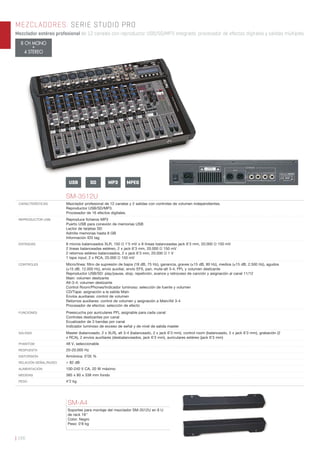 | 166
MEZCLADORES. SERIE STUDIO PRO
Mezclador estéreo profesional de 12 canales con reproductor USB/SD/MP3 integrado, procesador de efectos digitales y salidas múltiples.
USB SD MPEGMP3
SM-3512U
CARACTERÍSTICAS Mezclador profesional de 12 canales y 2 salidas con controles de volumen independientes.
Reproductor USB/SD/MP3.
Procesador de 16 efectos digitales.
REPRODUCTOR USB Reproduce ﬁcheros MP3
Puerto USB para conexión de memorias USB
Lector de tarjetas SD
Admite memorias hasta 8 GB
Información ID3 tag
ENTRADAS 8 micros balanceados XLR, 150 Ω 1’5 mV o 8 líneas balanceadas jack 6’3 mm, 20.000 Ω 150 mV
2 líneas balanceadas estéreo, 2 x jack 6’3 mm, 20.000 Ω 150 mV
2 retornos estéreo balanceados, 2 x jack 6’3 mm, 20.000 Ω 1 V
1 tape input, 2 x RCA, 20.000 Ω 150 mV
CONTROLES Micro/línea: ﬁltro de supresión de bajos (18 dB, 75 Hz), ganancia, graves (±15 dB, 80 Hz), medios (±15 dB, 2.500 Hz), agudos
(±15 dB, 12.000 Hz), envío auxiliar, envío EFX, pan, mute-alt 3-4, PFL y volumen deslizante
Reproductor USB/SD: play/pause, stop, repetición, avance y retroceso de canción y asignación al canal 11/12
Main: volumen deslizante
Alt-3-4: volumen deslizante
Control Room/Phones/Indicador luminoso: selección de fuente y volumen
CD/Tape: asignación a la salida Main
Envíos auxiliares: control de volumen
Retornos auxiliares: control de volumen y asignación a Main/Alt 3-4
Procesador de efectos: selección de efecto
FUNCIONES Preescucha por auriculares PFL asignable para cada canal
Controles deslizantes por canal
Ecualizador de 3 bandas por canal
Indicador luminoso de exceso de señal y de nivel de salida master
SALIDAS Master (balanceado, 2 x XLR), alt 3-4 (balanceado, 2 x jack 6’3 mm), control room (balanceado, 2 x jack 6’3 mm), grabación (2
x RCA), 2 envíos auxiliares (desbalanceados, jack 6’3 mm), auriculares estéreo (jack 6’3 mm)
PHANTOM 48 V, seleccionable
RESPUESTA 20-20.000 Hz
DISTORSIÓN Armónica: 0’05 %
RELACIÓN SEÑAL/RUIDO > 82 dB
ALIMENTACIÓN 100-240 V CA, 20 W máximo
MEDIDAS 385 x 80 x 338 mm fondo
PESO 4’2 kg
SM-A4
Soportes para montaje del mezclador SM-3512U en 8 U
de rack 19''
Color: Negro
Peso: 0’8 kg
8 CH MONO
+
4 STEREO
 