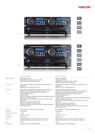SONIDO 171 |
CD-4400DJ CD-4500DJ
CARACTERÍSTICAS Doble mecanismo CD.
Compatible con CD-audio, CD-R y CD-RW.
Memoria antivibración de 40 segundos.
Doble mecanismo CD.
Reproduce CD/MP3.
Compatible con CD-audio, CD-R y CD-RW.
Memoria antivibración de 40 segundos.
CONTROLES Rueda de control metálica tipo tocadiscos con doble función
search/pitch
Pantalla LCD con retroiluminación azul
Rueda de control metálica, tipo tocadiscos, con doble función
search/pitch
Pantalla LCD con retroiluminación azul
FUNCIONES Conmutación automática entre reproductores con función robo
Seamless loop: reproducción de bucles sin interrupciones
Reloop: reproducción del último bucle memorizado
Punto de reproducción cue
Arranque rápido
Rueda de control con funciones de búsqueda shuttle/jog y ajuste de
velocidad de reproducción pitch
Ajuste de velocidad de reproducción pitch control ±16% y pitch
bend ±16%
Repetición y programa de reproducción
Modo de reproducción single o continue
Visualización del tiempo transcurrido, tiempo restante de canción y
tiempo restante total
Botones numéricos de selección directa
Conmutación automática entre reproductores con función robo
Seamless loop: reproducción de bucles sin interrupciones
Reloop: reproducción del último bucle memorizado
Punto de reproducción cue
Arranque rápido
Rueda de control con funciones de búsqueda shuttle/jog y ajuste de
velocidad de reproducción pitch
Ajuste de velocidad de reproducción pitch control ±16% y pitch
bend ±16%
Repetición y programa de reproducción
Modo de reproducción single o continue
Visualización del tiempo transcurrido, tiempo restante canción y
tiempo restante total
SALIDAS Audio analógico, 2 x RCA por cada reproductor Audio analógico, 2 x RCA por cada reproductor
RESPUESTA 20-20.000 Hz 20-20.000 Hz
RELACIÓN SEÑAL/RUIDO > 70 dB > 70 dB
DISTORSIÓN Armónica: < 0’01% Armónica: < 0’01%
ALIMENTACIÓN 230/115 V CA 230/115 V CA
MEDIDAS Unidad principal: 482 x 89 x 250 mm fondo. 2 U rack 19”
Unidad control: 482 x 89 x 85 mm fondo. 2 U rack 19”
Unidad principal: 482 x 89 x 250 mm fondo. 2 U rack 19”
Unidad control: 482 x 135’5 x 85 mm fondo. 3 U rack 19”
PESO 6’8 kg 7’4 kg
ACCESORIOS 2 cables de audio con conectores RCA 2 cables de audio con conectores RCA
CD-4400DJ
CD-4500DJ
MP3
SEAMLESS
LOOP
ANTI-SHOCK
BUFFER
MEMORY
CD
MPEG
FASTCUE
SEAMLESS
LOOP
ANTI-SHOCK
BUFFER
MEMORY
CD
FASTCUE
 
