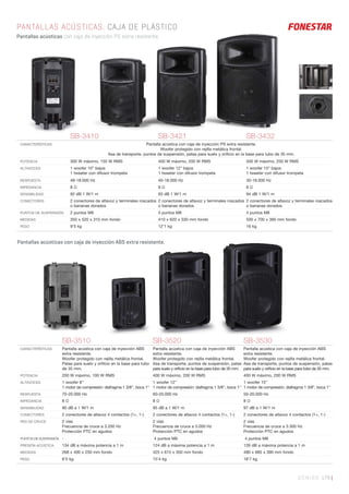 SONIDO 179 |
PANTALLAS ACÚSTICAS. CAJA DE PLÁSTICO
Pantallas acústicas con caja de inyección PS extra resistente.
179 |
SB-3410 SB-3421 SB-3432
CARACTERÍSTICAS Pantalla acústica con caja de inyección PS extra resistente.
Woofer protegido con rejilla metálica frontal.
Asa de transporte, puntos de suspensión, patas para suelo y oriﬁcio en la base para tubo de 35 mm.
POTENCIA 300 W máximo, 150 W RMS 400 W máximo, 200 W RMS 500 W máximo, 250 W RMS
ALTAVOCES 1 woofer 10” bajos
1 tweeter con difusor trompeta
1 woofer 12” bajos
1 tweeter con difusor trompeta
1 woofer 15” bajos
1 tweeter con difusor trompeta
RESPUESTA 48-18.000 Hz 40-18.000 Hz 30-18.000 Hz
IMPEDANCIA 8 Ω 8 Ω 8 Ω
SENSIBILIDAD 92 dB 1 W/1 m 93 dB 1 W/1 m 94 dB 1 W/1 m
CONECTORES 2 conectores de altavoz y terminales roscados
o bananas dorados
2 conectores de altavoz y terminales roscados
o bananas dorados
2 conectores de altavoz y terminales roscados
o bananas dorados
PUNTOS DE SUSPENSIÓN 2 puntos M8 4 puntos M8 4 puntos M8
MEDIDAS 350 x 520 x 310 mm fondo 410 x 620 x 330 mm fondo 500 x 700 x 360 mm fondo
PESO 9’5 kg 12’1 kg 16 kg
SB-3510 SB-3520 SB-3530
CARACTERÍSTICAS Pantalla acústica con caja de inyección ABS
extra resistente.
Woofer protegido con rejilla metálica frontal.
Patas para suelo y oriﬁcio en la base para tubo
de 35 mm.
Pantalla acústica con caja de inyección ABS
extra resistente.
Woofer protegido con rejilla metálica frontal.
Asa de transporte, puntos de suspensión, patas
para suelo y oriﬁcio en la base para tubo de 35 mm.
Pantalla acústica con caja de inyección ABS
extra resistente.
Woofer protegido con rejilla metálica frontal.
Asa de transporte, puntos de suspensión, patas
para suelo y oriﬁcio en la base para tubo de 35 mm.
POTENCIA 200 W máximo, 100 W RMS 400 W máximo, 200 W RMS 400 W máximo, 200 W RMS
ALTAVOCES 1 woofer 8’’
1 motor de compresión: diafragma 1 3/8’’, boca 1’’
1 woofer 12’’
1 motor de compresión: diafragma 1 3/8’’, boca 1’’
1 woofer 15”
1 motor de compresión: diafragma 1 3/8”, boca 1’’
RESPUESTA 70-20.000 Hz 60-20.000 Hz 50-20.000 Hz
IMPEDANCIA 8 Ω 8 Ω 8 Ω
SENSIBILIDAD 90 dB a 1 W/1 m 95 dB a 1 W/1 m 97 dB a 1 W/1 m
CONECTORES 2 conectores de altavoz 4 contactos (1+, 1-) 2 conectores de altavoz 4 contactos (1+, 1-) 2 conectores de altavoz 4 contactos (1+, 1-)
RED DE CRUCE 2 vías
Frecuencia de cruce a 3.200 Hz
Protección PTC en agudos
2 vías
Frecuencia de cruce a 3.000 Hz
Protección PTC en agudos
2 vías
Frecuencia de cruce a 3.300 Hz
Protección PTC en agudos
PUNTOSDESUSPENSIÓN - 4 puntos M8 4 puntos M8
PRESIÓN ACÚSTICA 134 dB a máxima potencia a 1 m 124 dB a máxima potencia a 1 m 126 dB a máxima potencia a 1 m
MEDIDAS 268 x 400 x 250 mm fondo 425 x 615 x 350 mm fondo 480 x 685 x 390 mm fondo
PESO 6’5 kg 15’4 kg 18’7 kg
Pantallas acústicas con caja de inyección ABS extra resistente.
 