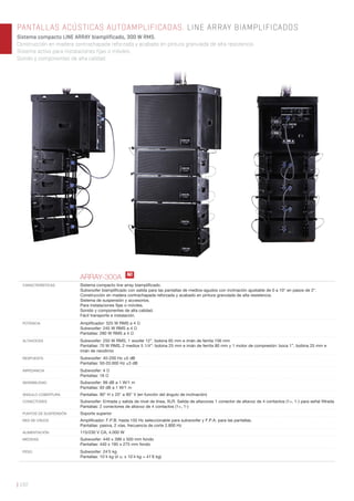 | 192
PANTALLAS ACÚSTICAS AUTOAMPLIFICADAS. LINE ARRAY BIAMPLIFICADOS
Sistema compacto LINE ARRAY biamplificado, 300 W RMS.
Construcción en madera contrachapada reforzada y acabado en pintura granulada de alta resistencia.
Sistema activo para instalaciones fijas o móviles.
Sonido y componentes de alta calidad.
ARRAY-300A
CARACTERÍSTICAS Sistema compacto line array biampliﬁcado.
Subwoofer biampliﬁcado con salida para las pantallas de medios-agudos con inclinación ajustable de 0 a 10° en pasos de 2°.
Construcción en madera contrachapada reforzada y acabado en pintura granulada de alta resistencia.
Sistema de suspensión y accesorios.
Para instalaciones ﬁjas o móviles.
Sonido y componentes de alta calidad.
Fácil transporte e instalación.
POTENCIA Ampliﬁcador: 525 W RMS a 4 Ω
Subwoofer: 245 W RMS a 4 Ω
Pantallas: 280 W RMS a 4 Ω
ALTAVOCES Subwoofer: 250 W RMS, 1 woofer 12”. bobina 65 mm e imán de ferrita 156 mm
Pantallas: 70 W RMS, 2 medios 5 1/4”: bobina 25 mm e imán de ferrita 80 mm y 1 motor de compresión: boca 1”, bobina 25 mm e
imán de neodimio
RESPUESTA Subwoofer: 40-200 Hz ±5 dB
Pantallas: 50-20.000 Hz ±3 dB
IMPEDANCIA Subwoofer: 4 Ω
Pantallas: 16 Ω
SENSIBILIDAD Subwoofer: 99 dB a 1 W/1 m
Pantallas: 93 dB a 1 W/1 m
ÁNGULO COBERTURA Pantallas: 90° H x 25° a 90° V (en función del ángulo de inclinación)
CONECTORES Subwoofer: Entrada y salida de nivel de línea, XLR. Salida de altavoces 1 conector de altavoz de 4 contactos (1+, 1-) para señal ﬁltrada
Pantallas: 2 conectores de altavoz de 4 contactos (1+, 1-)
PUNTOS DE SUSPENSIÓN Soporte superior
RED DE CRUCE Ampliﬁcador: F.P.B. hasta 150 Hz seleccionable para subwoofer y F.P.A. para las pantallas.
Pantallas: pasiva, 2 vías, frecuencia de corte 2.800 Hz
ALIMENTACIÓN 115/230 V CA, 4.000 W
MEDIDAS Subwoofer: 440 x 399 x 500 mm fondo
Pantallas: 440 x 195 x 275 mm fondo
PESO Subwoofer: 24´5 kg
Pantallas: 10'4 kg (4 u. x 10´4 kg = 41´6 kg)
N!
 