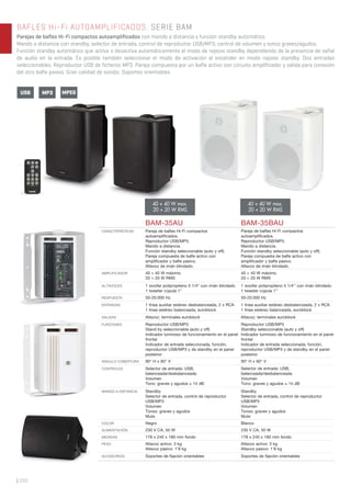 USB MP3 MPEG
| 200
BAFLES Hi-Fi AUTOAMPLIFICADOS. SERIE BAM
Parejas de bafles Hi-Fi compactos autoamplificados con mando a distancia y función standby automático.
Mando a distancia con standby, selector de entrada, control de reproductor USB/MP3, control de volumen y tonos graves/agudos.
Función standby automático que activa o desactiva automáticamente el modo de reposo standby dependiendo de la presencia de señal
de audio en la entrada. Es posible también seleccionar el modo de activación al encender en modo reposo standby. Dos entradas
seleccionables. Reproductor USB de ficheros MP3. Pareja compuesta por un bafle activo con circuito amplificador y salida para conexión
del otro bafle pasivo. Gran calidad de sonido. Soportes orientables.
BAM-35AU BAM-35BAU
CARACTERISTICAS Pareja de baﬂes Hi-Fi compactos
autoampliﬁcados.
Reproductor USB/MP3.
Mando a distancia.
Función standby seleccionable (auto y off).
Pareja compuesta de baﬂe activo con
ampliﬁcador y baﬂe pasivo.
Altavoz de imán blindado.
Pareja de baﬂes Hi-Fi compactos
autoampliﬁcados.
Reproductor USB/MP3.
Mando a distancia.
Función standby seleccionable (auto y off).
Pareja compuesta de baﬂe activo con
ampliﬁcador y baﬂe pasivo.
Altavoz de imán blindado.
AMPLIFICADOR 40 + 40 W máximo
20 + 20 W RMS
40 + 40 W máximo
20 + 20 W RMS
ALTAVOCES 1 woofer polipropileno 5 1/4” con imán blindado
1 tweeter cúpula 1”
1 woofer polipropileno 5 1/4’’ con imán blindado
1 tweeter cúpula 1’’
RESPUESTA 50-20.000 Hz 50-20.000 Hz
ENTRADAS 1 línea auxiliar estéreo desbalanceada, 2 x RCA
1 línea estéreo balanceada, euroblock
1 línea auxiliar estéreo desbalanceada, 2 x RCA
1 línea estéreo balanceada, euroblock
SALIDAS Altavoz: terminales euroblock Altavoz: terminales euroblock
FUNCIONES Reproductor USB/MP3
Stand by seleccionable (auto y off)
Indicador luminoso de funcionamiento en el panel
frontal
Indicador de entrada seleccionada, función,
reproductor USB/MP3 y de standby en el panel
posterior
Reproductor USB/MP3
Standby seleccionable (auto y off)
Indicador luminoso de funcionamiento en el panel
frontal
Indicador de entrada seleccionada, función,
reproductor USB/MP3 y de standby en el panel
posterior
ÁNGULO COBERTURA 90° H x 60° V 90° H x 60° V
CONTROLES Selector de entrada: USB,
balanceada/desbalanceada
Volumen
Tono: graves y agudos ± 14 dB
Selector de entrada: USB,
balanceada/desbalanceada
Volumen
Tono: graves y agudos ± 14 dB
MANDO A DISTANCIA Standby
Selector de entrada, control de reproductor
USB/MP3
Volumen
Tonos: graves y agudos
Mute
Standby
Selector de entrada, control de reproductor
USB/MP3
Volumen
Tonos: graves y agudos
Mute
COLOR Negro Blanco
ALIMENTACIÓN 230 V CA, 50 W 230 V CA, 50 W
MEDIDAS 178 x 240 x 180 mm fondo 178 x 240 x 180 mm fondo
PESO Altavoz activo: 3 kg
Altavoz pasivo: 1’8 kg
Altavoz activo: 3 kg
Altavoz pasivo: 1’8 kg
ACCESORIOS Soportes de ﬁjación orientables Soportes de ﬁjación orientables
40 + 40 W max.
20 + 20 W RMS
40 + 40 W max.
20 + 20 W RMS
 