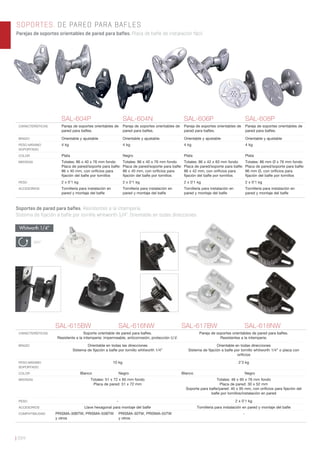 | 204
SOPORTES. DE PARED PARA BAFLES
Parejas de soportes orientables de pared para bafles. Placa de bafle de instalación fácil.
360º
SAL-604P SAL-604N SAL-606P SAL-608P
CARACTERÍSTICAS Pareja de soportes orientables de
pared para baﬂes.
Pareja de soportes orientables de
pared para baﬂes.
Pareja de soportes orientables de
pared para baﬂes.
Pareja de soportes orientables de
pared para baﬂes.
BRAZO Orientable y ajustable Orientable y ajustable Orientable y ajustable Orientable y ajustable
PESO MÁXIMO
SOPORTADO
4 kg 4 kg 4 kg 4 kg
COLOR Plata Negro Plata Plata
MEDIDAS Totales: 86 x 40 x 76 mm fondo
Placa de pared/soporte para baﬂe:
86 x 40 mm, con oriﬁcios para
ﬁjación del baﬂe por tornillos
Totales: 86 x 40 x 76 mm fondo
Placa de pared/soporte para baﬂe:
86 x 40 mm, con oriﬁcios para
ﬁjación del baﬂe por tornillos
Totales: 86 x 42 x 83 mm fondo
Placa de pared/soporte para baﬂe:
86 x 42 mm, con oriﬁcios para
ﬁjación del baﬂe por tornillos
Totales: 86 mm Ø x 76 mm fondo
Placa de pared/soporte para baﬂe:
86 mm Ø, con oriﬁcios para
ﬁjación del baﬂe por tornillos
PESO 2 x 0’1 kg 2 x 0’1 kg 2 x 0’1 kg 2 x 0’1 kg
ACCESORIOS Tornillería para instalación en
pared y montaje del baﬂe
Tornillería para instalación en
pared y montaje del baﬂe
Tornillería para instalación en
pared y montaje del baﬂe
Tornillería para instalación en
pared y montaje del baﬂe
SAL-615BW SAL-616NW SAL-617BW SAL-618NW
CARACTERÍSTICAS Soporte orientable de pared para baﬂes.
Resistente a la intemperie: impermeable, anticorrosión, protección U.V.
Pareja de soportes orientables de pared para baﬂes.
Resistentes a la intemperie.
BRAZO Orientable en todas las direcciones
Sistema de ﬁjación a baﬂe por tornillo whitworth 1/4”
Orientable en todas direcciones
Sistema de ﬁjación a baﬂe por tornillo whitworth 1/4” o placa con
oriﬁcios
PESO MÁXIMO
SOPORTADO
10 kg 2’3 kg
COLOR Blanco Negro Blanco Negro
MEDIDAS Totales: 51 x 72 x 65 mm fondo
Placa de pared: 51 x 72 mm
Totales: 46 x 95 x 76 mm fondo
Placa de pared: 30 x 52 mm
Soporte para baﬂe/pared: 40 x 95 mm, con oriﬁcios para ﬁjación del
baﬂe por tornillos/instalación en pared
PESO - 2 x 0’1 kg
ACCESORIOS Llave hexagonal para montaje del baﬂe Tornillería para instalación en pared y montaje del baﬂe
COMPATIBILIDAD PRISMA-30BTW, PRISMA-55BTW
y otros
PRISMA-30TW, PRISMA-55TW
y otros
-
Soportes de pared para bafles. Resistentes a la intemperie.
Sistema de fijación a bafle por tornillo whitworth 1/4”. Orientable en todas direcciones.
Whitworth 1/4”
 