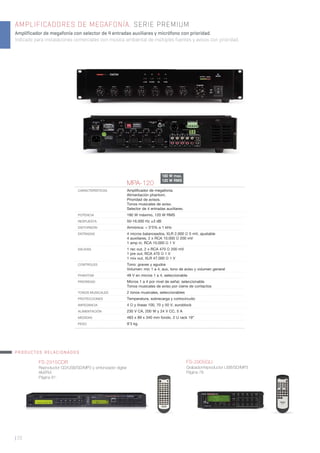 AMPLIFICADORES DE MEGAFONÍA. SERIE PREMIUM
Amplificador de megafonía con selector de 4 entradas auxiliares y micrófono con prioridad.
Indicado para instalaciones comerciales con música ambiental de múltiples fuentes y avisos con prioridad.
| 22
MPA-120
CARACTERÍSTICAS Ampliﬁcador de megafonía.
Alimentación phantom.
Prioridad de avisos.
Tonos musicales de aviso.
Selector de 4 entradas auxiliares.
POTENCIA 180 W máximo, 120 W RMS
RESPUESTA 50-16.000 Hz ±3 dB
DISTORSIÓN Armónica: < 0’5% a 1 kHz
ENTRADAS 4 micros balanceados, XLR 2.000 Ω 5 mV, ajustable
4 auxiliares, 2 x RCA 10.000 Ω 200 mV
1 amp in, RCA 10.000 Ω 1 V
SALIDAS 1 rec out, 2 x RCA 470 Ω 200 mV
1 pre out, RCA 470 Ω 1 V
1 mix out, XLR 47.000 Ω 1 V
CONTROLES Tono: graves y agudos
Volumen: mic 1 a 4, aux, tono de aviso y volumen general
PHANTOM 48 V en micros 1 a 4, seleccionable
PRIORIDAD Micros 1 a 4 por nivel de señal, seleccionable
Tonos musicales de aviso por cierre de contactos
TONOS MUSICALES 2 tonos musicales, seleccionables
PROTECCIONES Temperatura, sobrecarga y cortocircuito
IMPEDANCIA 4 Ω y líneas 100, 70 y 50 V, euroblock
ALIMENTACIÓN 230 V CA, 200 W y 24 V CC, 5 A
MEDIDAS 483 x 89 x 340 mm fondo. 2 U rack 19”
PESO 9’3 kg
FS-2905GU
Grabador/reproductor USB/SD/MP3
Página 78.
FS-2915CDR
Reproductor CD/USB/SD/MP3 y sintonizador digital
AM/FM.
Página 81.
180 W max.
120 W RMS
PRODUCTOS RELACIONADOS
 