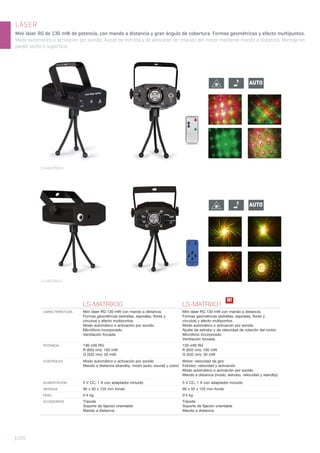 | 220
LÁSER
Mini láser RG de 130 mW de potencia, con mando a distancia y gran ángulo de cobertura. Formas geométricas y efecto multipuntos.
Modo automático o activación por sonido. Ajuste de estrobo y de velocidad de rotación del motor mediante mando a distancia. Montaje en
pared, techo o superficie.
LS-MATRIX30 LS-MATRIX31
CARACTERÍSTICAS Mini láser RG 130 mW con mando a distancia.
Formas geométricas (estrellas, espirales, ﬂores y
círculos) y efecto multipuntos.
Modo automático o activación por sonido.
Micrófono incorporado.
Ventilación forzada.
Mini láser RG 130 mW con mando a distancia.
Formas geométricas (estrellas, espirales, ﬂores y
círculos) y efecto multipuntos.
Modo automático o activación por sonido.
Ajuste de estrobo y de velocidad de rotación del motor.
Micrófono incorporado.
Ventilación forzada.
POTENCIA 130 mW RG
R (650 nm): 100 mW
G (532 nm): 30 mW
130 mW RG
R (650 nm): 100 mW
G (532 nm): 30 mW
CONTROLES Modo automático o activación por sonido
Mando a distancia (standby, modo (auto, sound) y color)
Motor: velocidad de giro
Estrobo: velocidad y activación
Modo automático o activación por sonido
Mando a distancia (modo, estrobo, velocidad y standby)
ALIMENTACIÓN 5 V CC, 1 A con adaptador incluido 5 V CC, 1 A con adaptador incluido
MEDIDAS 90 x 50 x 125 mm fondo 90 x 50 x 125 mm fondo
PESO 0’4 kg 0’4 kg
ACCESORIOS Trípode
Soporte de ﬁjación orientable
Mando a distancia
Trípode
Soporte de ﬁjación orientable
Mando a distancia
AUTO
AUTO
N!
LS-MATRIX30
LS-MATRIX31
 