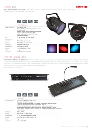 ILUMINACIÓN ESPECTACULAR 223 |
CONTROLADORA. DMX
Controladora DMX 512 de 192 canales. Permite controlar equipos de iluminación conectados en la misma línea, con 12 accesos de hasta
16 canales. Dispone de 6 memorias chase con 184 escenas programables cada una, repartidas en 23 bancos de memoria de 8 escenas
cada uno. Control manual, automático, MIDI o activación por sonido gracias al micrófono incorporado. Permite controlar y programar shows
de iluminación espectacular con eficacia y rapidez en salas de fiesta,
pubs, discotecas y escenarios.
FOCOS. PAR
Foco PAR 64 con 177 LED R, G y B. Control DMX mediante 7 canales, modo automático, activación por sonido o modo
maestro/esclavo. Larga duración y bajo consumo.
AUTO R, G, B
512
LED-PAR70
CARACTERÍSTICAS Foco PAR 64 RGB.
Modo automático, activación por sonido y modo
maestro/esclavo.
Ajuste de colores, dimmer, estrobo y velocidad de
variación mediante controladora DMX.
LED de larga duración hasta 50.000 horas.
Micrófono incorporado.
LED 177 de 10 mm (R: 60, G: 57, B: 60)
CANALES DMX 7
ENTRADAS DMX IN, XLR 3 pines hembra
SALIDAS DMX OUT, XLR 3 pines macho
CONTROLES Pantalla de conﬁguración
ALIMENTACIÓN 100-240 V CA, 100 mA
MEDIDAS 210 mm Ø x 260 mm fondo
PESO 1’4 kg
ACCESORIOS Soporte de ﬁjación orientable
512
192
canales
184
escenas
DMX-80
CARACTERÍSTICAS Controladora DMX 512 de 192 canales.
12 accesos de hasta 16 canales.
8 controles deslizantes asignables a los canales 1 a 8 ó 9 a 16 para cada acceso.
6 memorias chase con 184 escenas programables cada una.
184 escenas repartidas en 23 bancos de memoria de 8 escenas cada uno.
Secuencia automática programable controlada por faders de velocidad y tiempo.
Control manual, automático, MIDI o activación por sonido gracias al micrófono incorporado.
Función blackout.
ENTRADAS MIDI in, DIN 5
SALIDAS DMX OUT, XLR 3 pines macho
ALIMENTACIÓN 9 V CC, 500 mA con adaptador incluido
MEDIDAS 483 x 133 x 82 mm fondo. 3 U rack 19”
PESO 2 kg
ACCESORIOS Lámpara LED USB
 