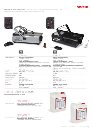 ILUMINACIÓN ESPECTACULAR 227 |
EFECTOS. LÍQUIDOS DE HUMO
Líquidos para máquinas de humo.
512 512
FOG-15 FOG-16
CARACTERÍSTICAS Máquina de humo profesional.
1.500 W de potencia.
Mando a distancia RF.
Tiempo de precalentamiento: 5 minutos.
Indicador luminoso de temperatura óptima de funcionamiento.
Termostato automático.
Accionamiento mediante mando a distancia o controladora DMX.
Regulación de la intensidad de humo mediante controladora DMX.
Máquina de humo profesional.
1.500 W de potencia.
Mando a distancia RF.
Tiempo de precalentamiento: 8 minutos.
Indicador luminoso de temperatura óptima de funcionamiento.
Termostato automático.
Accionamiento mediante mando a distancia, cable remoto o
controladora DMX.
Regulación de la intensidad de humo mediante controladora DMX.
ENTRADAS DMX IN, XLR 3 pines macho DMX IN, XLR 3 pines macho
SALIDAS DMX OUT, XLR 3 pines hembra DMX OUT, XLR 3 pines hembra
CAPACIDAD DEL DEPÓSITO 2 litros 2’5 litros
ALCANCE DE DISPARO 10 m 10 m
CAUDAL DE SALIDA 550 m3
/min 580 m3
/min
ALIMENTACIÓN 230 V CA, 1.500 W 230 V CA, 1.500 W
MEDIDAS 255 x 220 x 465 mm fondo 265 x 190 x 470 mm fondo
PESO 5’6 kg 6’6 kg
ACCESORIOS Soporte de ﬁjación orientable
Cable XLR, 4 m
Mando a distancia RF
Soporte de ﬁjación orientable
Cable remoto de 3 m
Mando a distancia RF
FOG-LIQUID15
CARACTERÍSTICAS Botella de 5 litros de líquido para máquina de humo.
Densidad media y larga permanencia.
Líquido inoloro, no tóxico, no inﬂamable y seguro.
FOG-LIQUID16
CARACTERÍSTICAS Botella de 5 litros de líquido para máquina de humo.
Alta densidad y larga permanencia.
Líquido inoloro, no tóxico, no inﬂamable y seguro.
Máquinas de humo profesionales. Encendido mediante mando a distancia o controladora DMX.
Regulación de la intensidad de humo mediante controladora DMX.
 