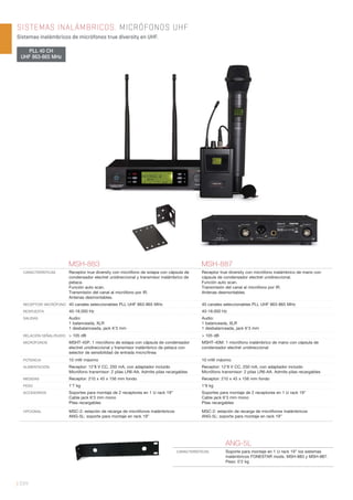 | 234
SISTEMAS INALÁMBRICOS. MICRÓFONOS UHF
Sistemas inalámbricos de micrófonos true diversity en UHF.
MSH-883 MSH-887
CARACTERÍSTICAS Receptor true diversity con micrófono de solapa con cápsula de
condensador electret unidireccional y transmisor inalámbrico de
petaca.
Función auto scan.
Transmisión del canal al micrófono por IR.
Antenas desmontables.
Receptor true diversity con micrófono inalámbrico de mano con
cápsula de condensador electret unidireccional.
Función auto scan.
Transmisión del canal al micrófono por IR.
Antenas desmontables.
RECEPTOR/ MICRÓFONO 40 canales seleccionables PLL UHF 863-865 MHz 40 canales seleccionables PLL UHF 863-865 MHz
RESPUESTA 40-18.000 Hz 40-18.000 Hz
SALIDAS Audio:
1 balanceada, XLR
1 desbalanceada, jack 6’3 mm
Audio:
1 balanceada, XLR
1 desbalanceada, jack 6’3 mm
RELACIÓN SEÑAL/RUIDO > 105 dB > 105 dB
MICRÓFONOS MSHT-45P: 1 micrófono de solapa con cápsula de condensador
electret unidireccional y transmisor inalámbrico de petaca con
selector de sensibilidad de entrada micro/línea
MSHT-40M: 1 micrófono inalámbrico de mano con cápsula de
condensador electret unidireccional
POTENCIA 10 mW máximo 10 mW máximo
ALIMENTACIÓN Receptor: 12’8 V CC, 250 mA, con adaptador incluido
Micrófono transmisor: 2 pilas LR6-AA. Admite pilas recargables
Receptor: 12’8 V CC, 250 mA, con adaptador incluido
Micrófono transmisor: 2 pilas LR6-AA. Admite pilas recargables
MEDIDAS Receptor: 210 x 45 x 156 mm fondo Receptor: 210 x 45 x 156 mm fondo
PESO 1’7 kg 1’9 kg
ACCESORIOS Soportes para montaje de 2 receptores en 1 U rack 19”
Cable jack 6’3 mm mono
Pilas recargables
Soportes para montaje de 2 receptores en 1 U rack 19”
Cable jack 6’3 mm mono
Pilas recargables
OPCIONAL MSC-2: estación de recarga de micrófonos inalámbricos
ANG-5L: soporte para montaje en rack 19”
MSC-2: estación de recarga de micrófonos inalámbricos
ANG-5L: soporte para montaje en rack 19”
ANG-5L
CARACTERÍSTICAS Soporte para montaje en 1 U rack 19” los sistemas
inalámbricos FONESTAR mods. MSH-883 y MSH-887.
Peso: 0’2 kg
PLL 40 CH
UHF 863-865 MHz
 