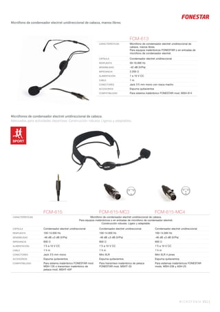 FCM-615 FCM-615-MC3 FCM-615-MC4
CARACTERÍSTICAS Micrófono de condensador electret unidireccional de cabeza.
Para equipos inalámbricos o en entradas de micrófono de condensador electret.
Construcción robusta. Ligero y adaptable.
CÁPSULA Condensador electret unidireccional Condensador electret unidireccional Condensador electret unidireccional
RESPUESTA 100-14.000 Hz 100-14.000 Hz 100-14.000 Hz
SENSIBILIDAD -46 dB ±3 dB (V/Pa) -46 dB ±3 dB (V/Pa) -46 dB ±3 dB (V/Pa)
IMPEDANCIA 600 Ω 600 Ω 600 Ω
ALIMENTACIÓN 1’5 a 10 V CC 1’5 a 10 V CC 1’5 a 10 V CC
CABLE 1’4 m 1’4 m 1’4 m
CONECTORES Jack 3’5 mm mono Mini XLR Mini XLR 4 pines
ACCESORIOS Espuma quitavientos Espuma quitavientos Espuma quitavientos
COMPATIBILIDAD Para sistema inalámbrico FONESTAR mod.
MSH-135 o transmisor inalámbrico de
petaca mod. MSHT-45P
Para transmisor inalámbrico de petaca
FONESTAR mod. MSHT-33
Para sistemas inalámbricos FONESTAR
mods. MSH-236 y ASH-25
MICROFONÍA 251 |
Micrófono de condensador electret unidireccional de cabeza, manos libres.
Micrófonos de condensador electret unidireccional de cabeza.
Adecuados para actividades deportivas. Construcción robusta. Ligeros y adaptables.
FCM-613
CARACTERÍSTICAS Micrófono de condensador electret unidireccional de
cabeza, manos libres.
Para equipos inalámbricos FONESTAR o en entradas de
micrófono de condensador electret.
CÁPSULA Condensador electret unidireccional
RESPUESTA 50-16.000 Hz
SENSIBILIDAD -42 dB (V/Pa)
IMPEDANCIA 2.200 Ω
ALIMENTACIÓN 1 a 10 V CC
CABLE 1 m
CONECTORES Jack 3’5 mm mono con rosca macho
ACCESORIOS Espuma quitavientos
COMPATIBILIDAD Para sistema inalámbrico FONESTAR mod. MSH-814
SPORT
 
